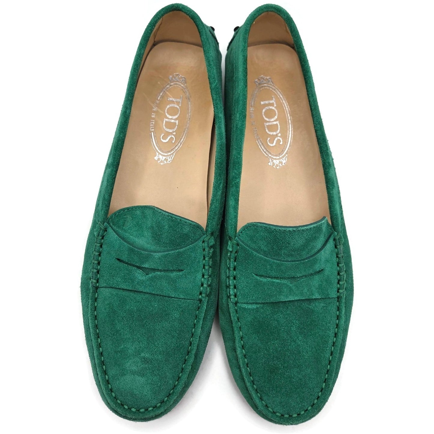 Tod’s Green Suede Leather Rubber Sole Moccasin Driving Loafers Womens 39.5 w Box