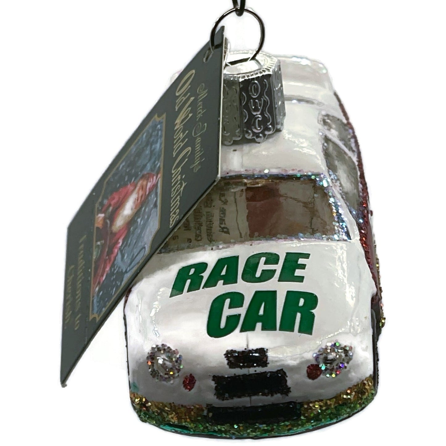 Race Car Ornament Vehicle White Red Glittered OWC Old World Christmas Decoration