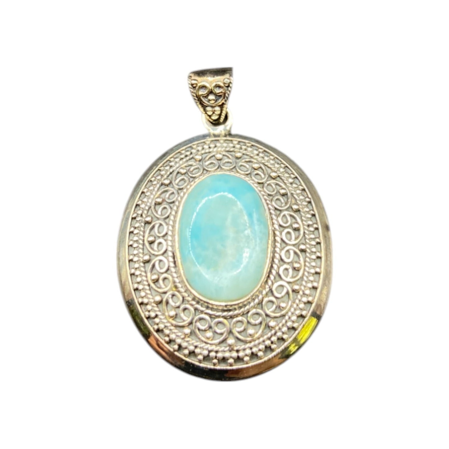Blue Quartz Gemstone Pendant Oval Cabochon 925 Sterling Silver Filigree BJC