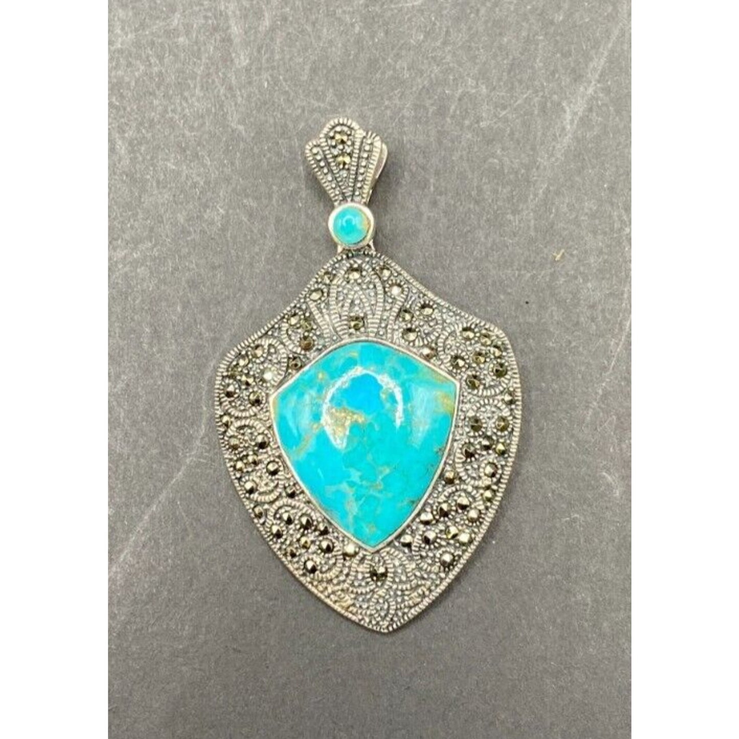 Turquoise Pendant Marcasite Ornament Sterling Silver Thailand Stamped