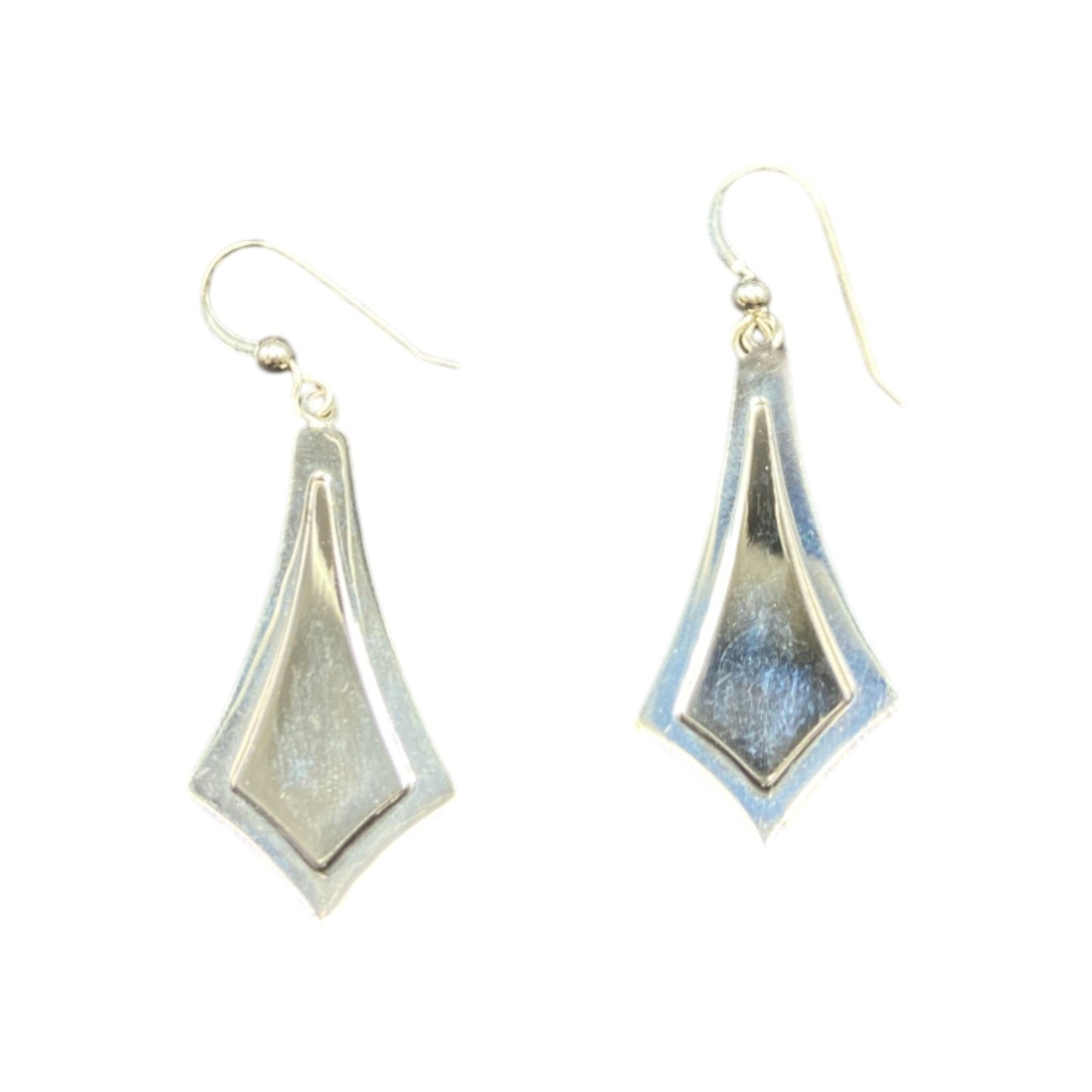 Turquoise Fish Hook Dangle Earrings Round Gemstone Silver Tone Metal
