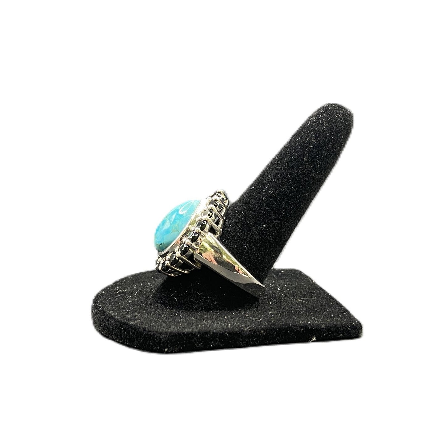 Turquoise Ring Teardrop Gemstone Black Rhinestone 925 Sterling Silver Size 7.5