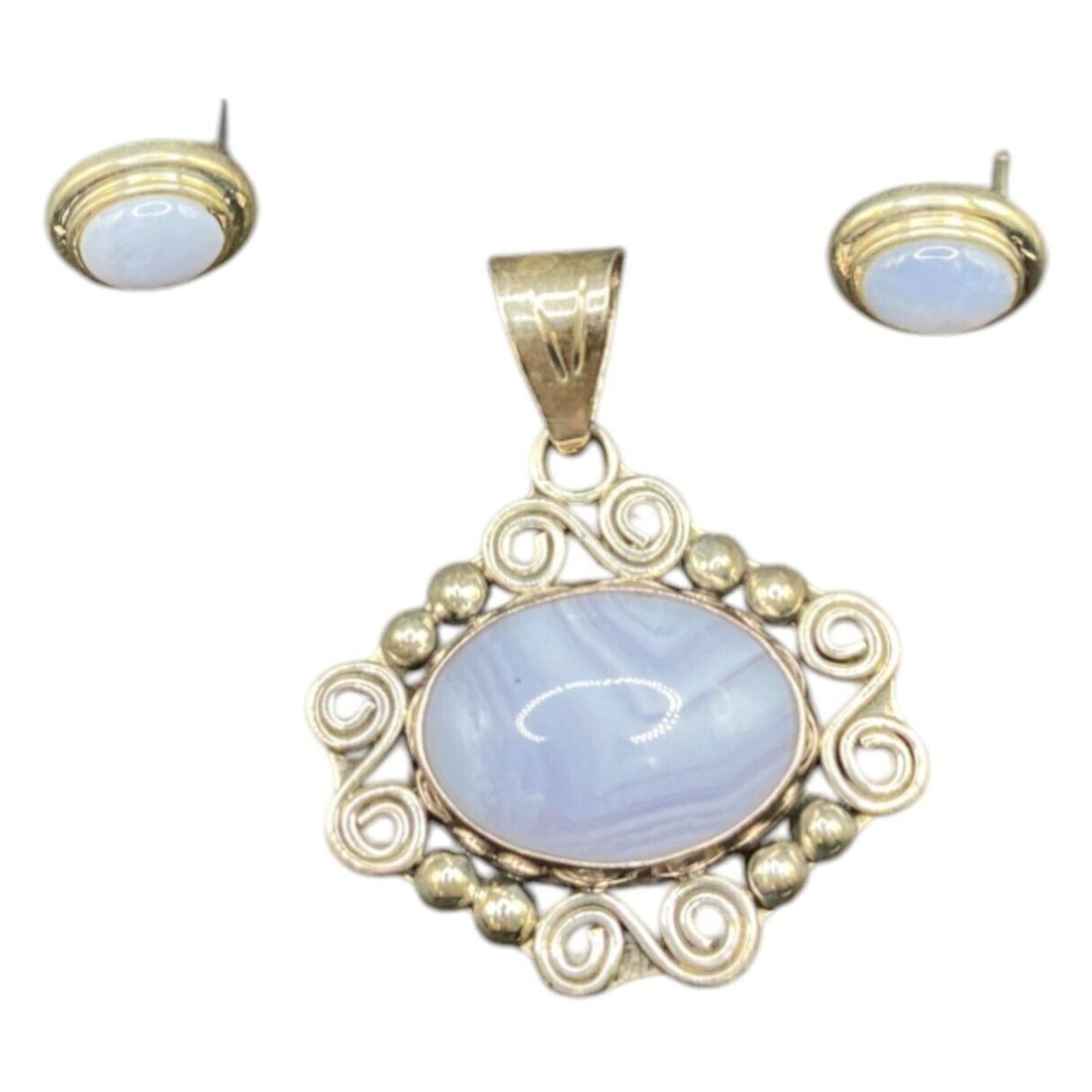 Blue Lace Agate Pendant Stud Earrings Set Marbled Stone 925 Sterling Silver CII