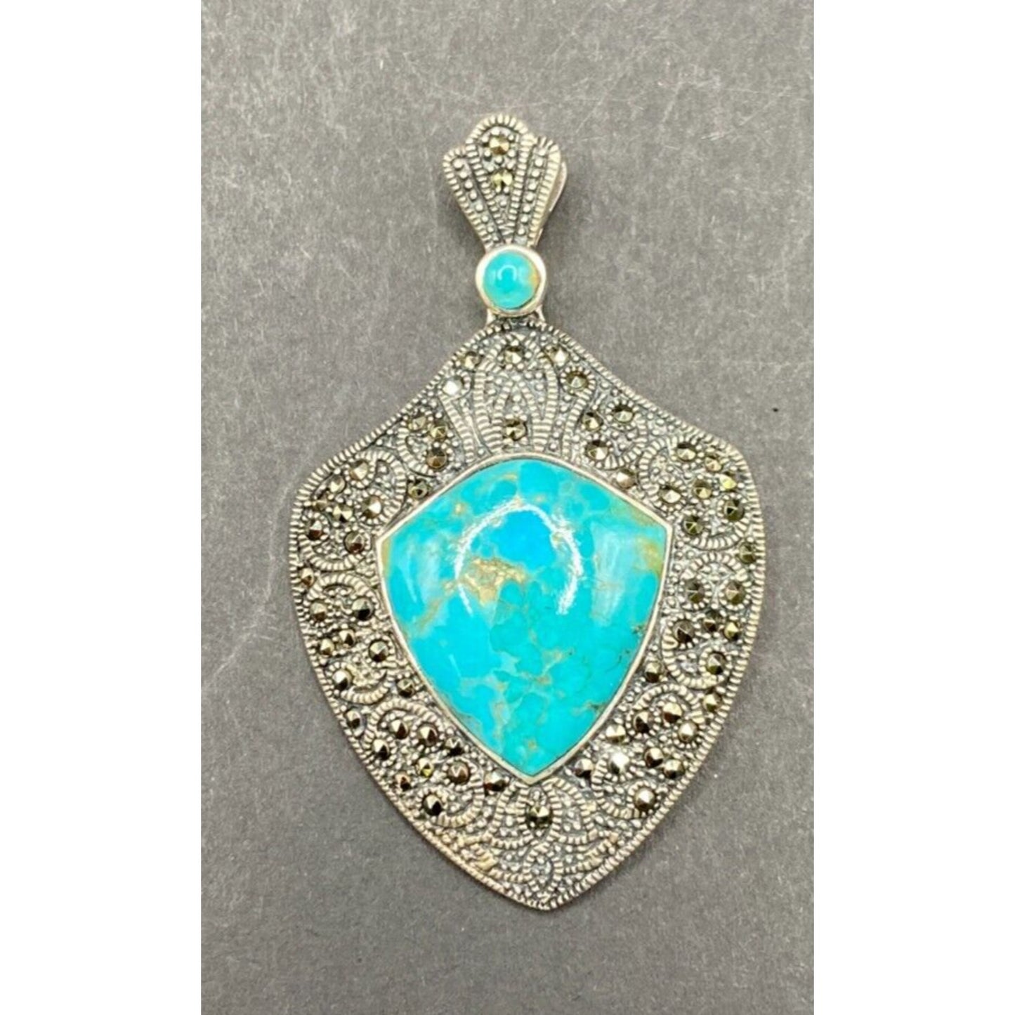 Turquoise Pendant Marcasite Ornament Sterling Silver Thailand Stamped