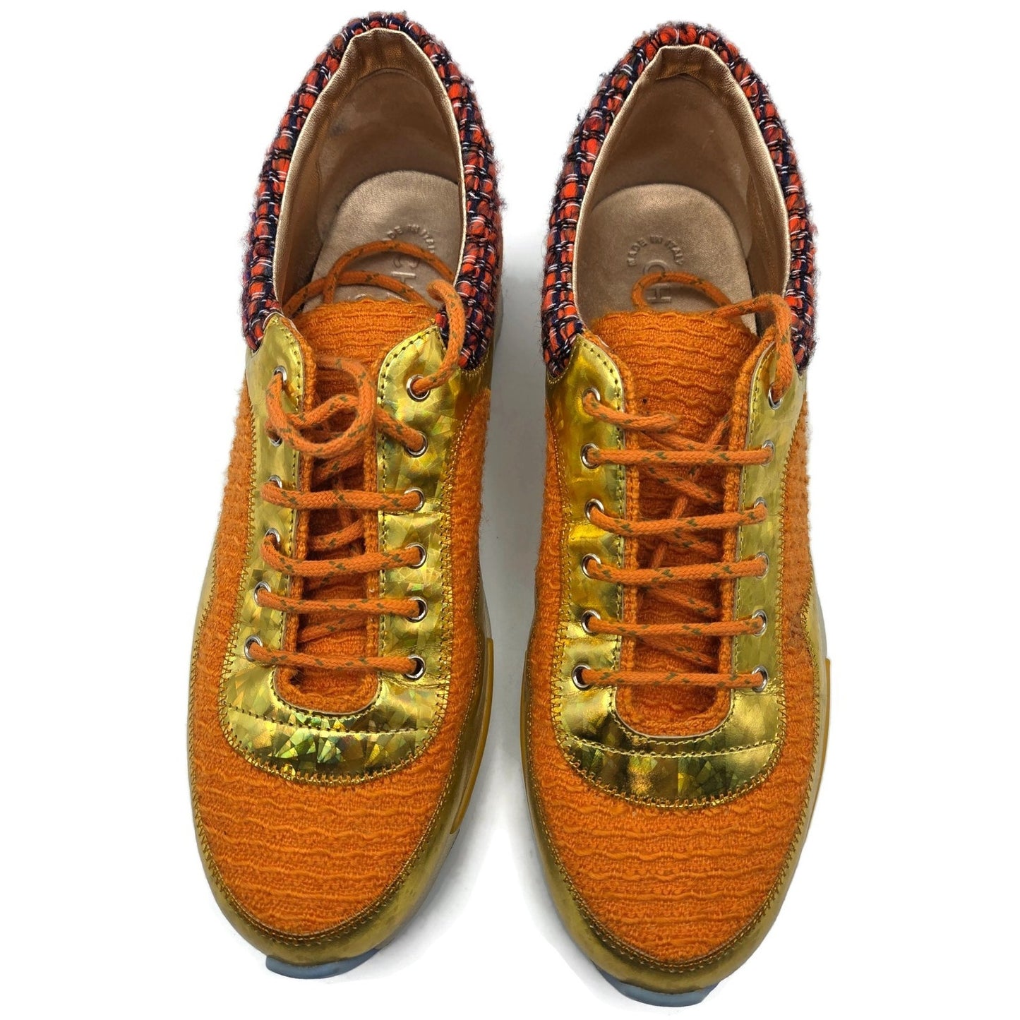Chanel Sneakers Orange 14k Gold Supermarket Tweed PVC Suede Women EU Size 40.5