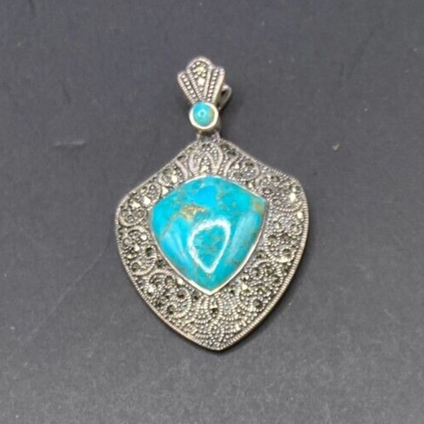 Turquoise Pendant Marcasite Ornament Sterling Silver Thailand Stamped