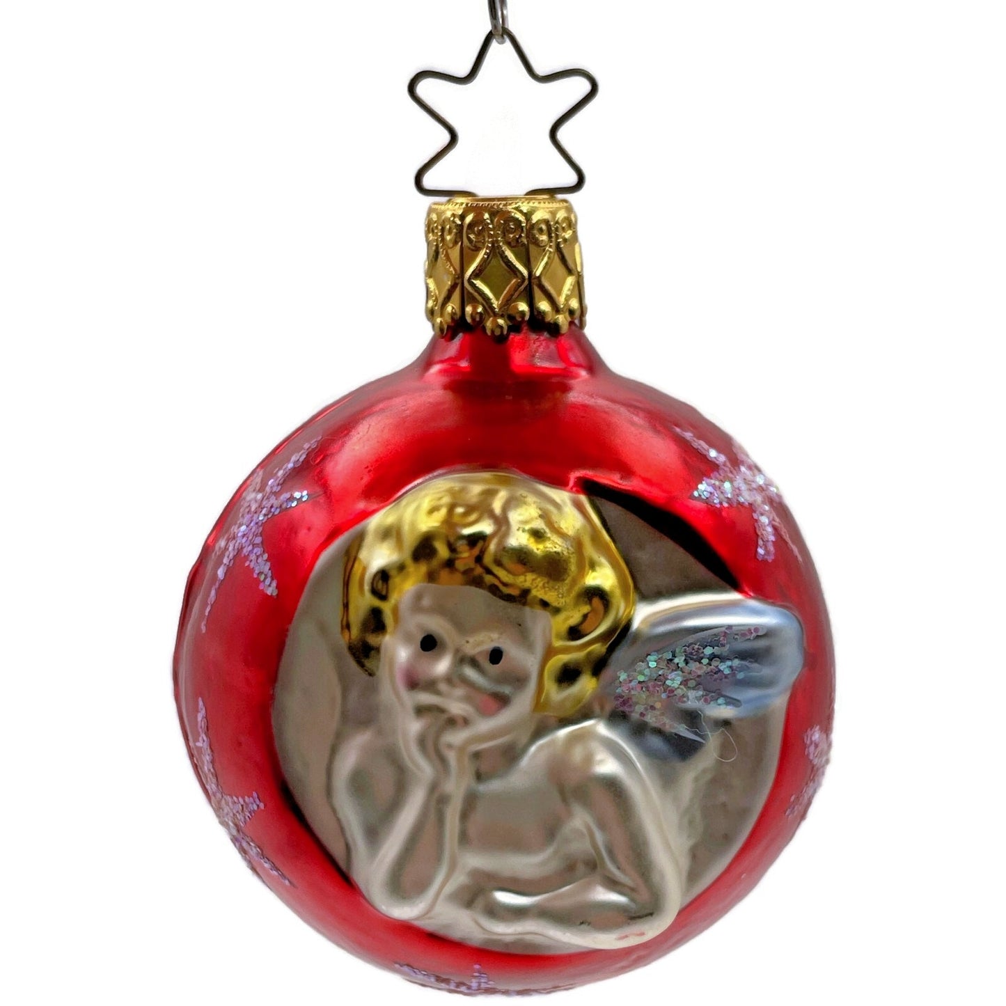 Inge Glass Ornament Cherub Angel Red Orb Stars Old World Christmas Tree Decor