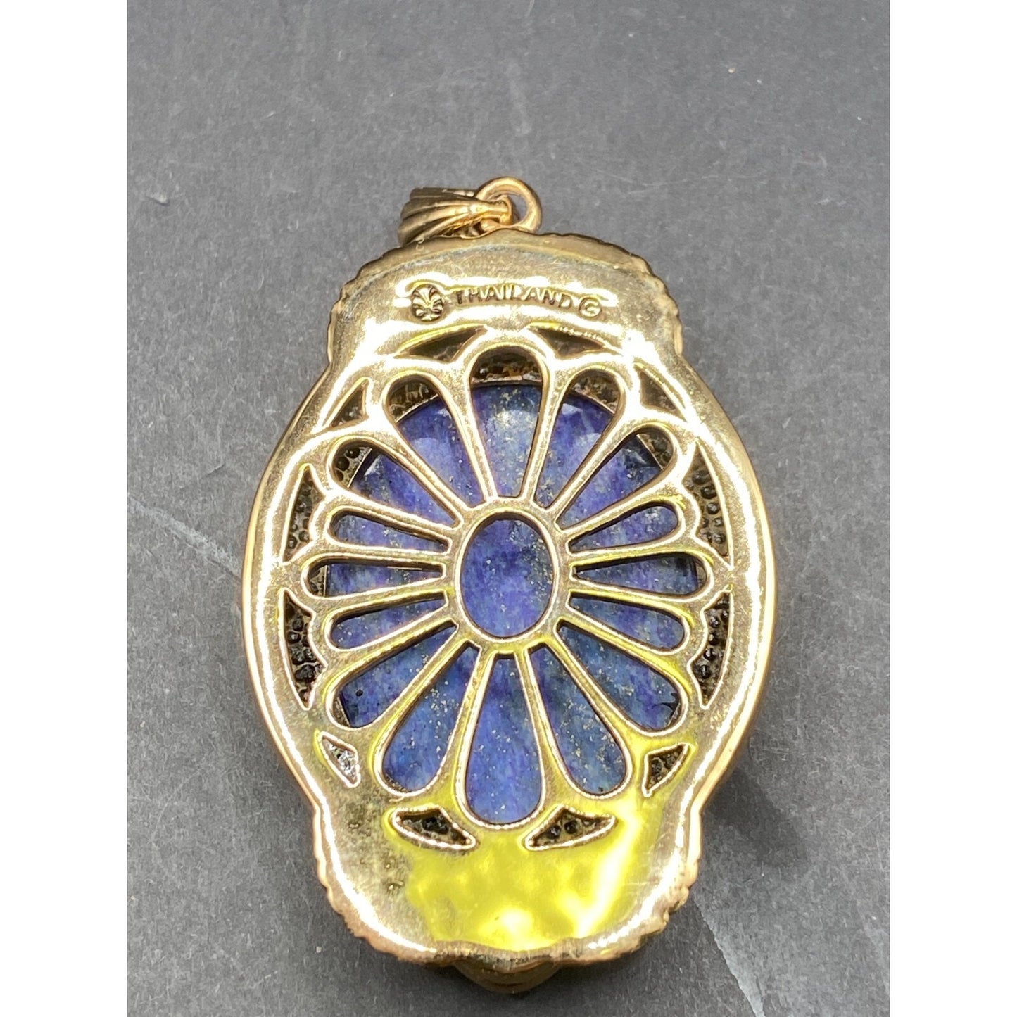 Lapis Lazuli Pendant Cabochon Gemstone Oval Shaped Gold Tone Metal Thailand