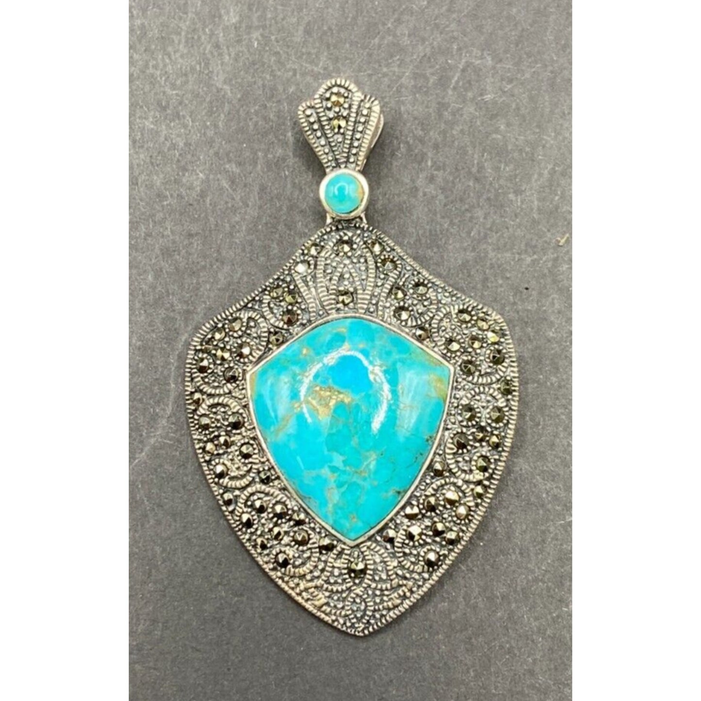 Turquoise Pendant Marcasite Ornament Sterling Silver Thailand Stamped