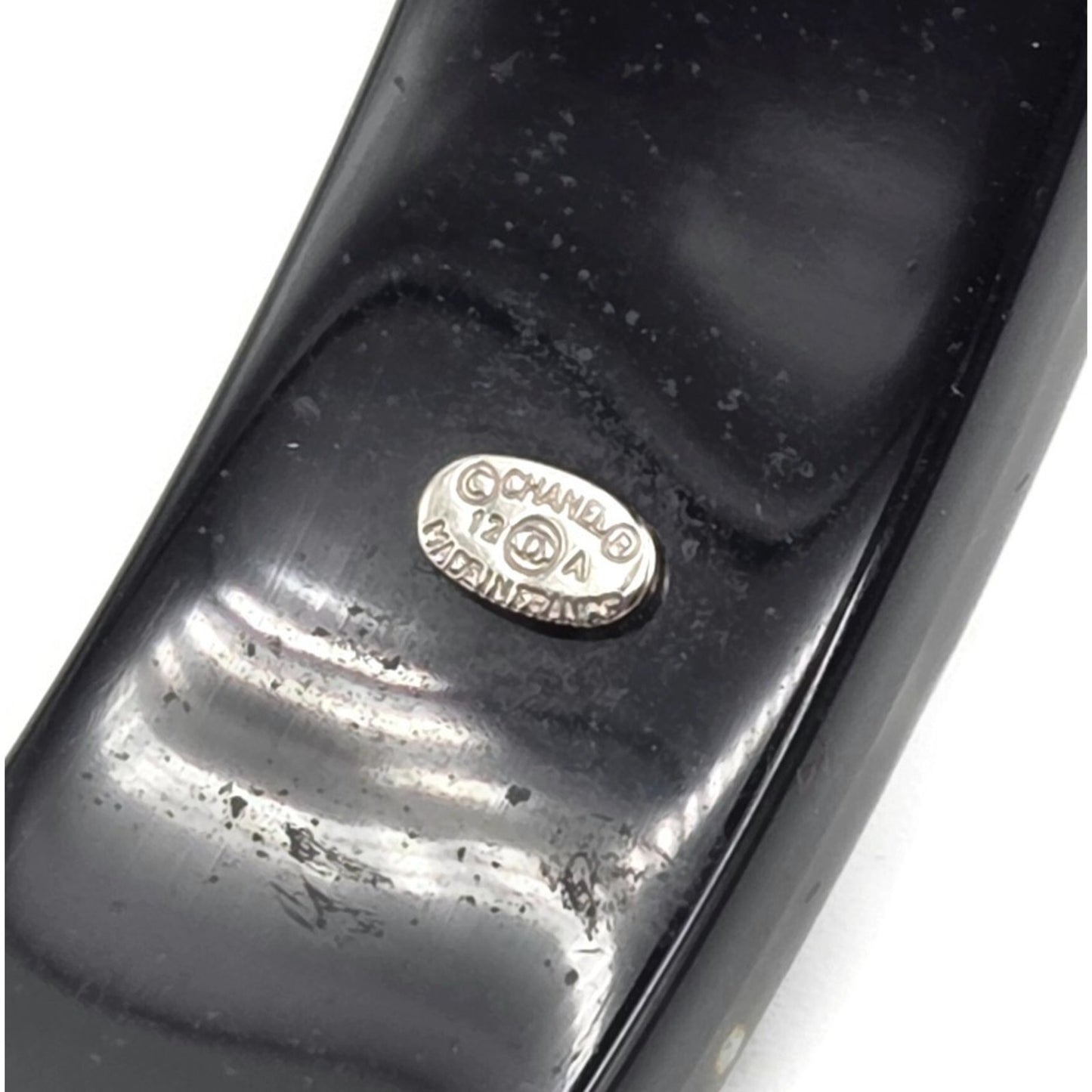 Chanel Black Resin Faux Pearl Crystal CC Logo Details Bangle Bracelet Jewelry
