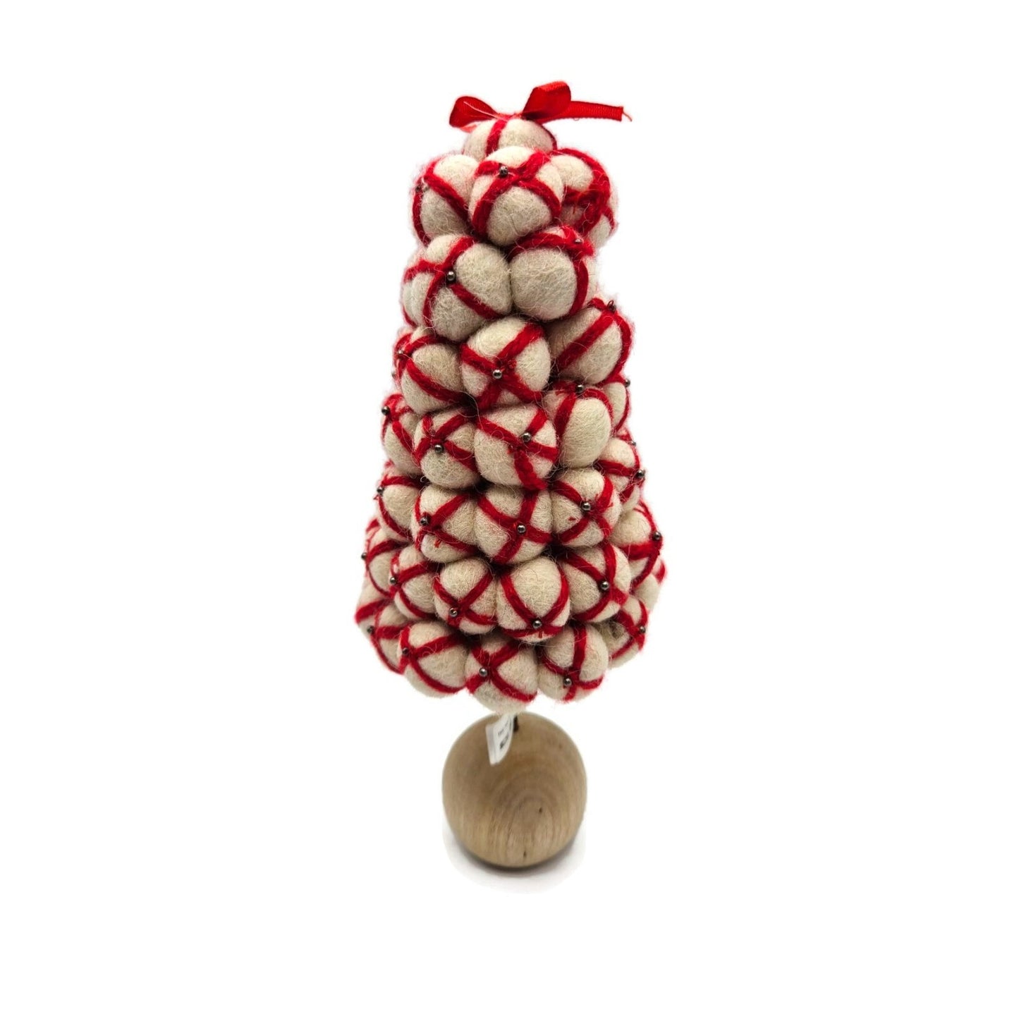Christmas Tree Wool Peppermint Pom Pom Whimsical Red Cream Wood Felt Rustic