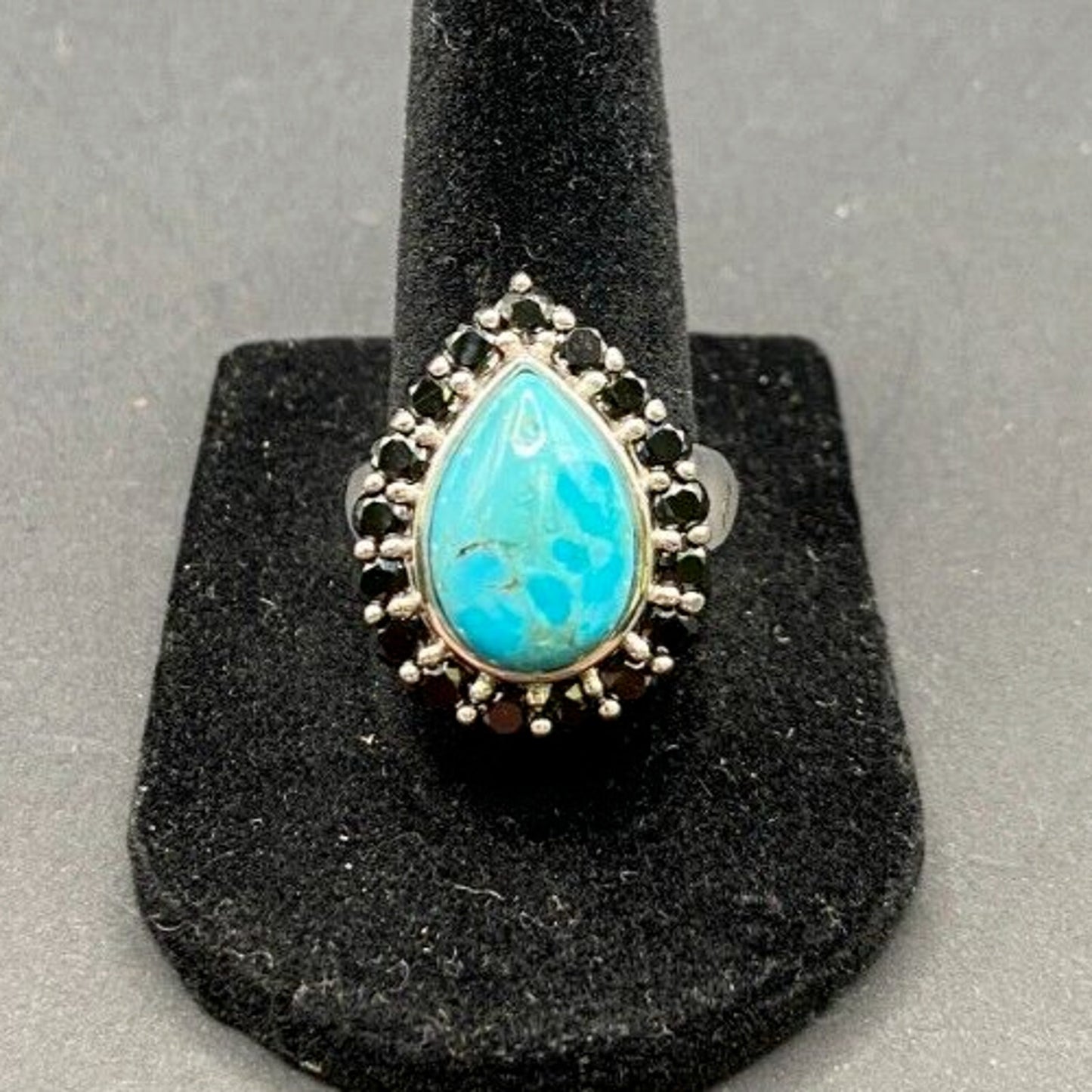 Turquoise Ring Teardrop Gemstone Black Rhinestone 925 Sterling Silver Size 7.5