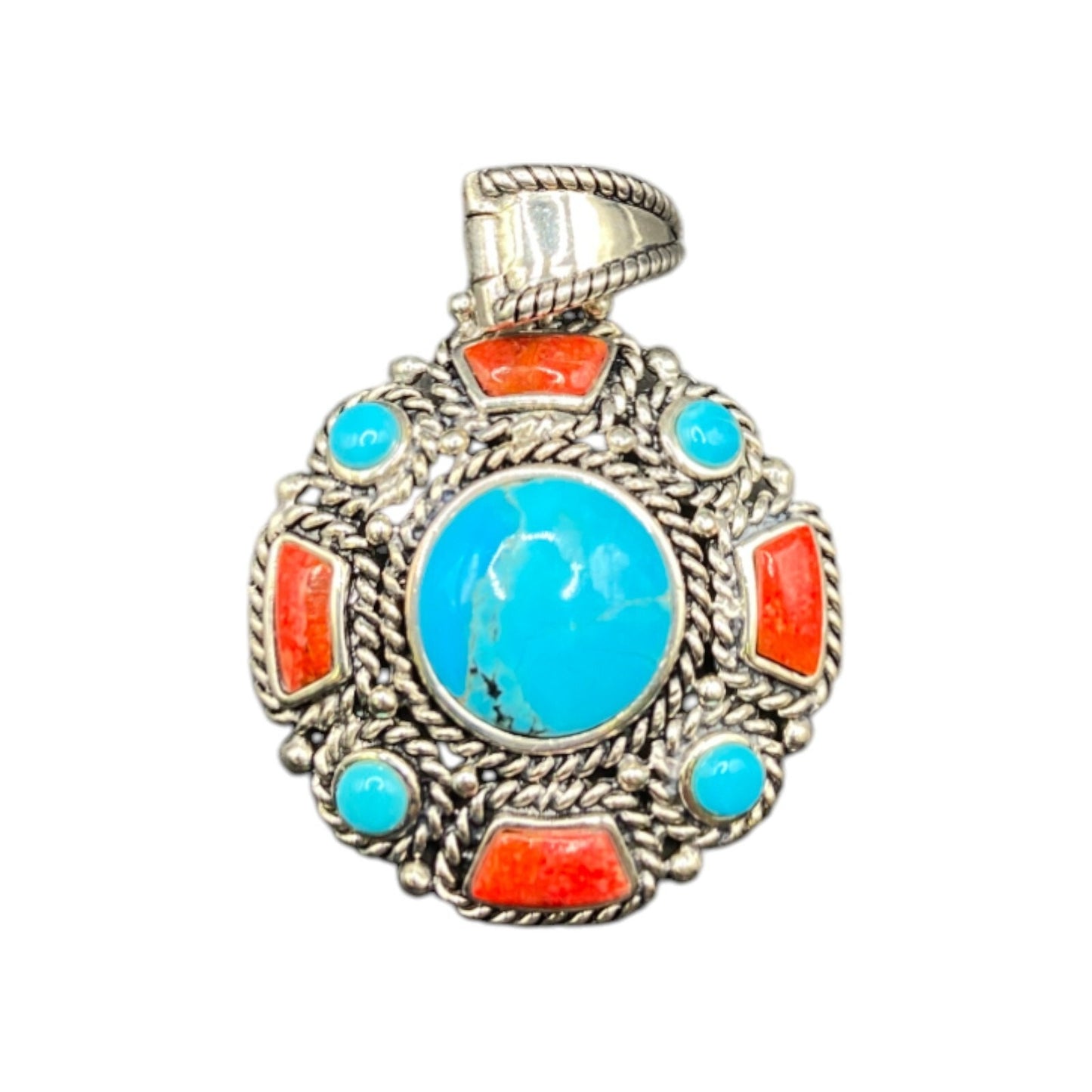 Turquoise Coral Round Charm Pendant Filigree Sterling Silver Crystal NK Thailand