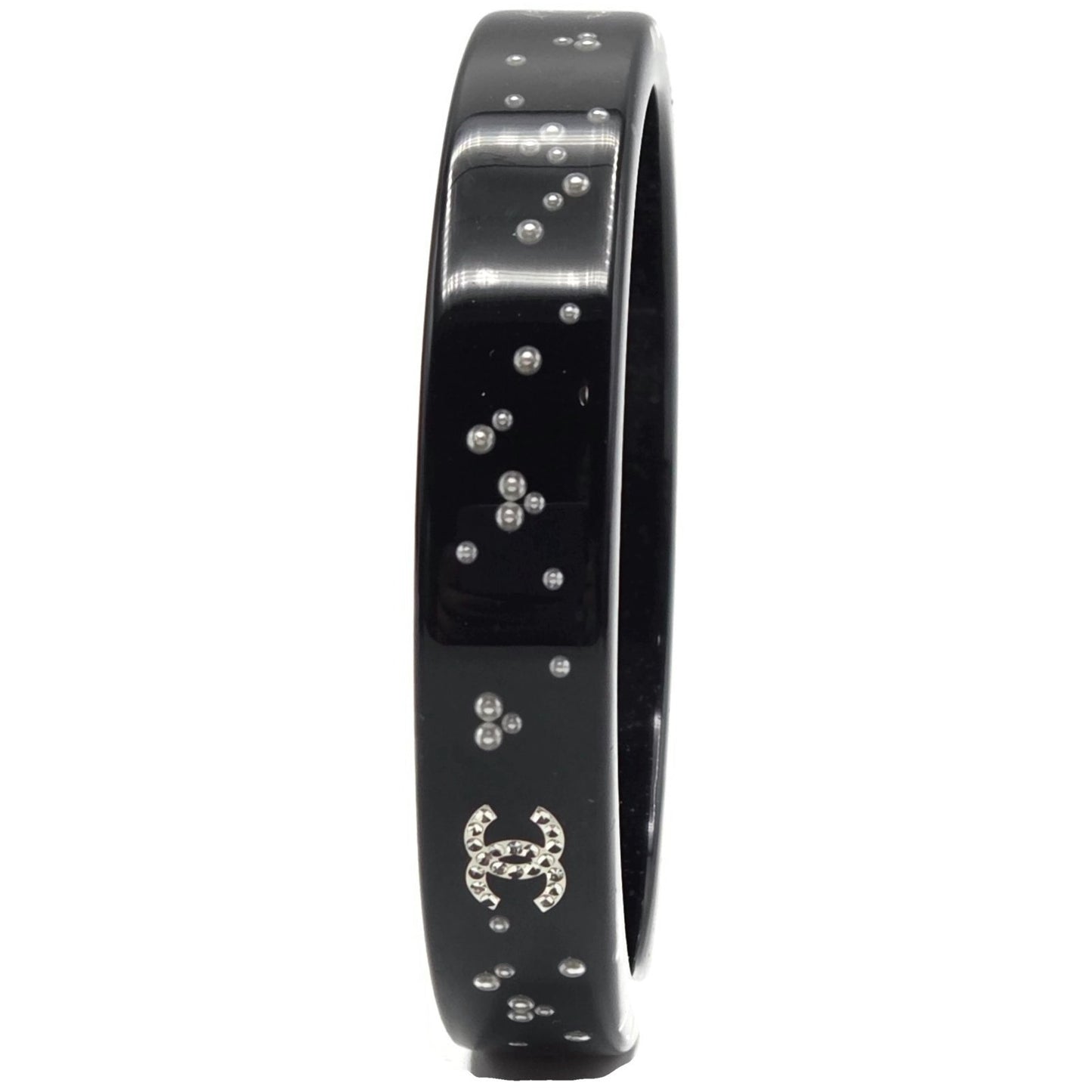 Chanel Black Resin Faux Pearl Crystal CC Logo Details Bangle Bracelet Jewelry