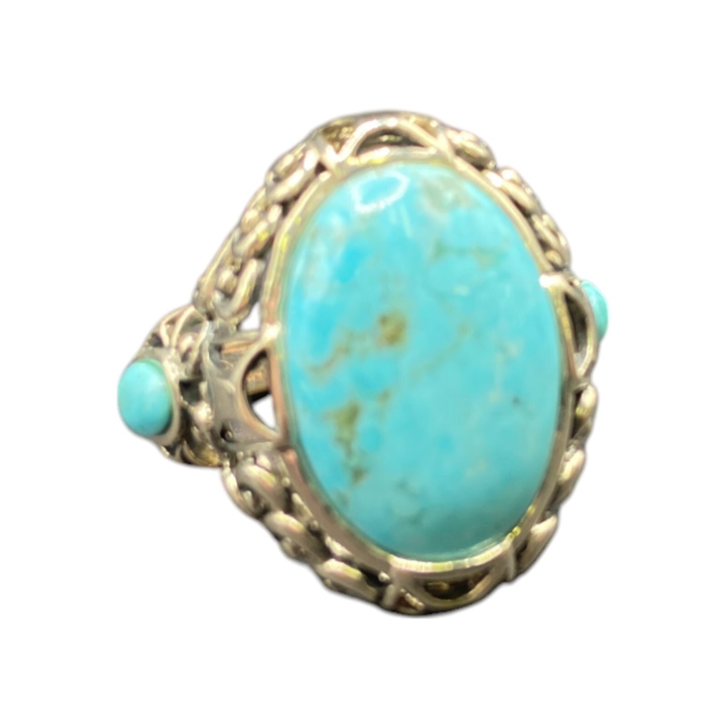 Turquoise Ring Sterling Silver NK Oval Ornate Semi Precious Stone Blue 7.75
