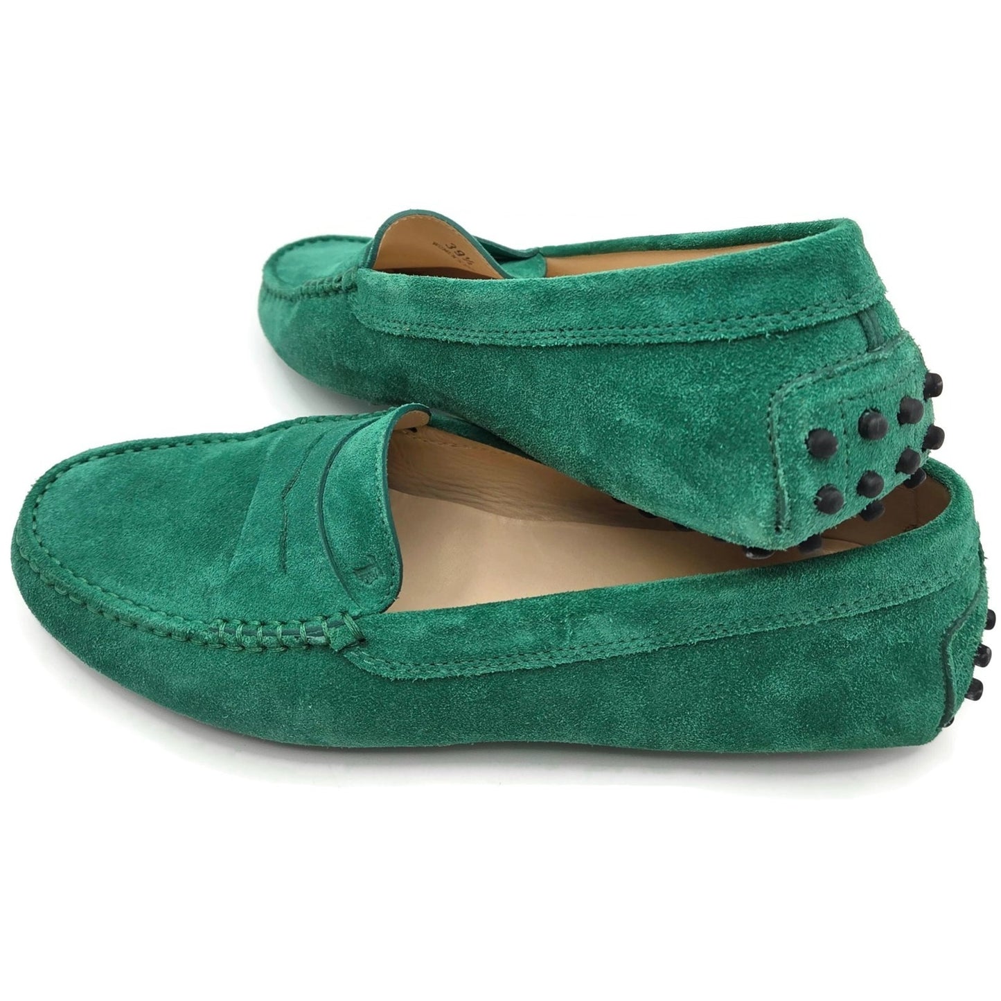 Tod’s Green Suede Leather Rubber Sole Moccasin Driving Loafers Womens 39.5 w Box