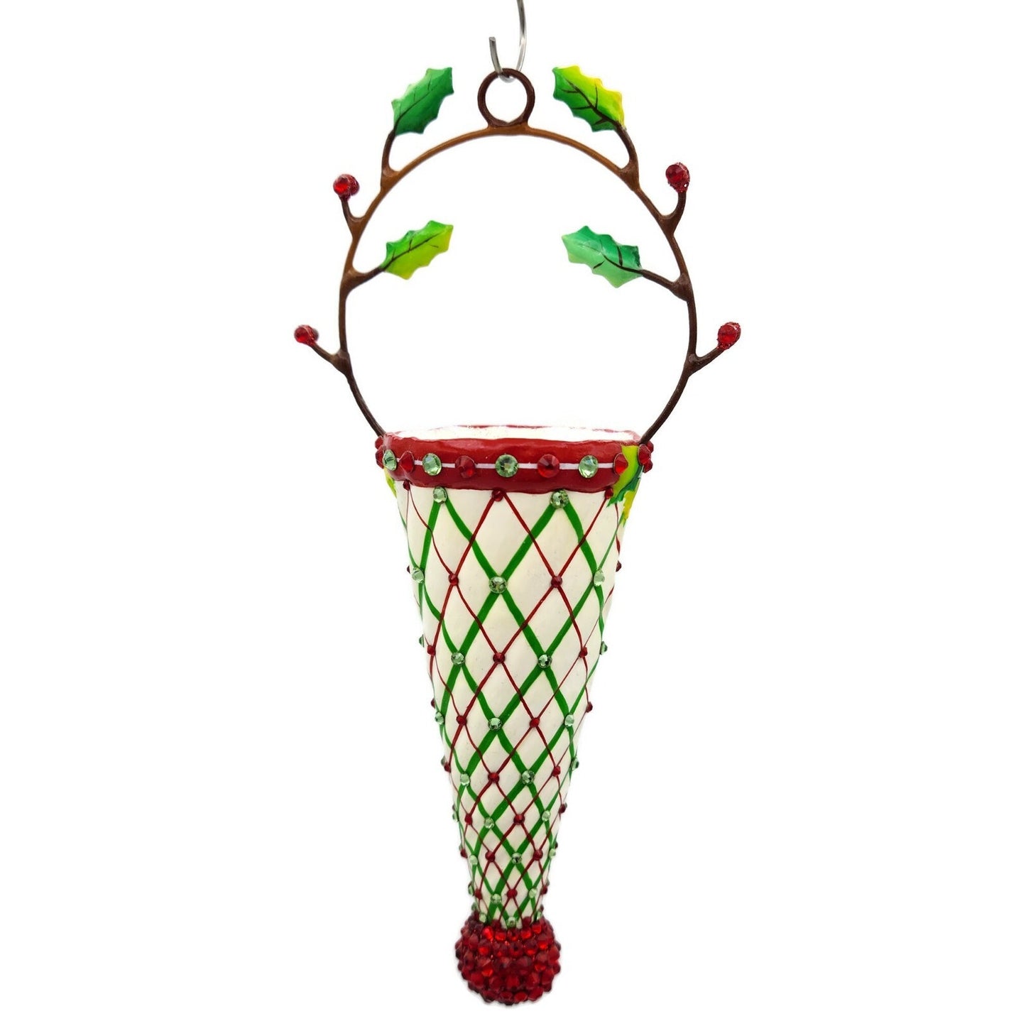 Patricia Breen Winter Cornucopia Holly Plaid Red Christmas Holiday Ornament