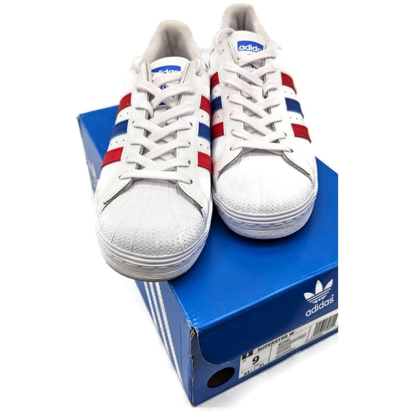 Adidas Superstar White Red Blue Stripe Shoes Ladies Size 9 Shell Toe AC7162