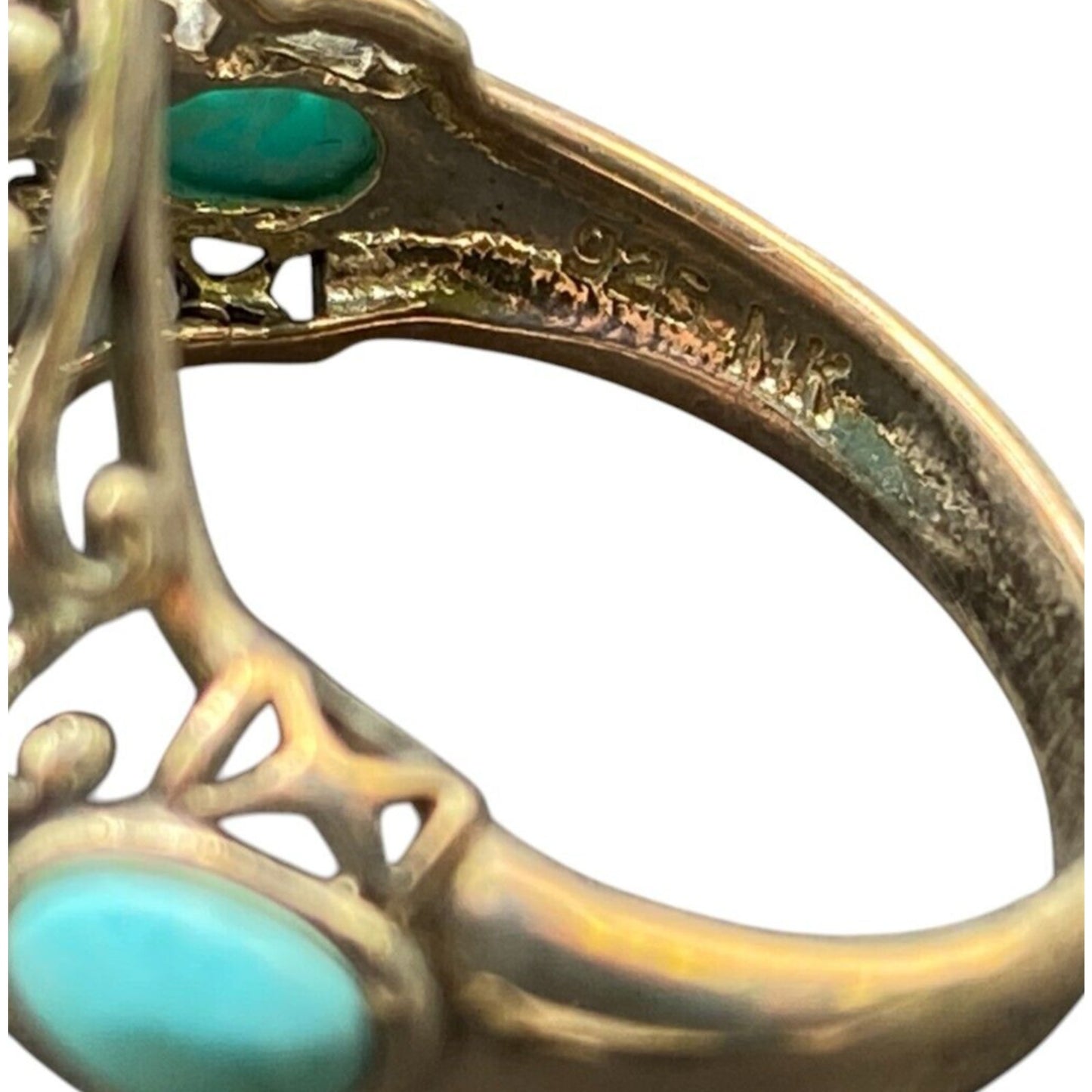 Turquoise Ring Sterling Silver NK Oval Ornate Semi Precious Stone Blue 7.75