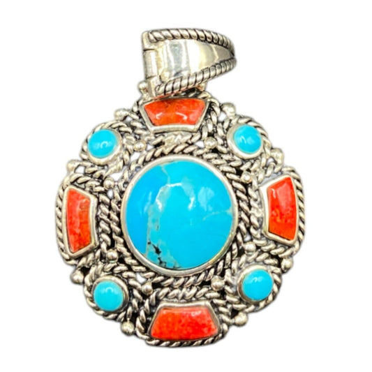 Turquoise Coral Round Charm Pendant Filigree Sterling Silver Crystal NK Thailand
