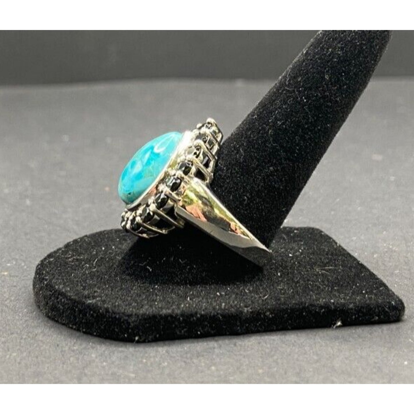 Turquoise Ring Teardrop Gemstone Black Rhinestone 925 Sterling Silver Size 7.5