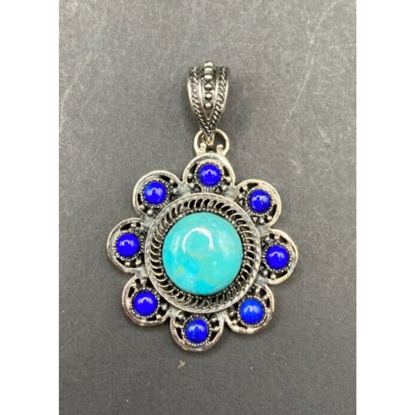 Turquoise Lapis Lazuli Pendant Crystal Stone Flower Silver Tone Metal Filigree