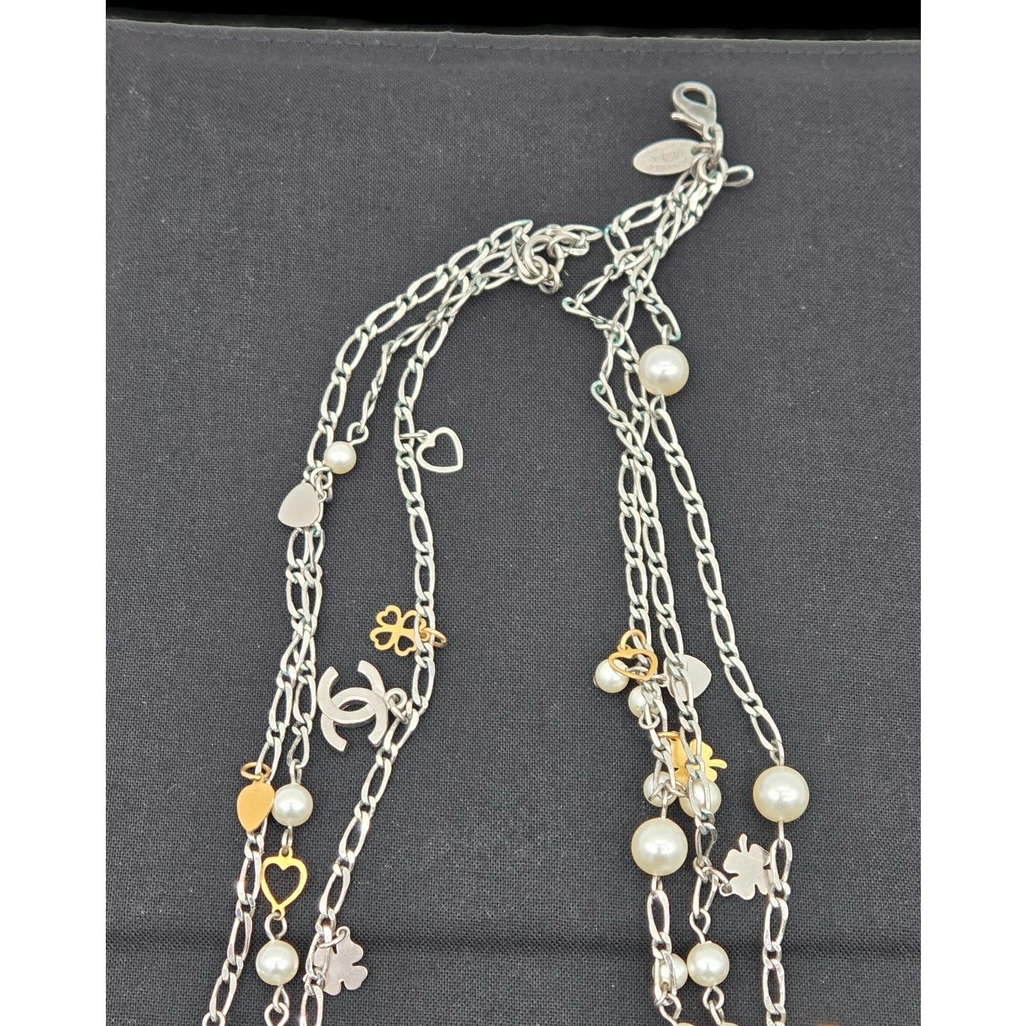 CoCo Chanel Three Strand Chain Hearts Clover Faux Pearl CC Logo Charm Necklace
