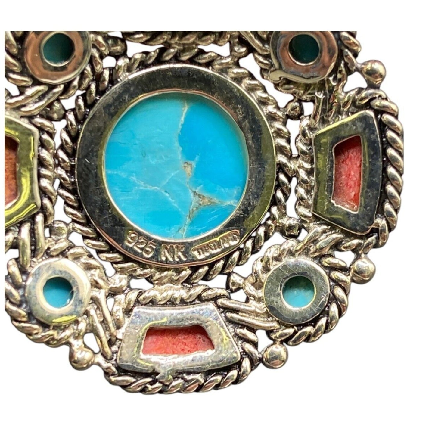 Turquoise Coral Round Charm Pendant Filigree Sterling Silver Crystal NK Thailand