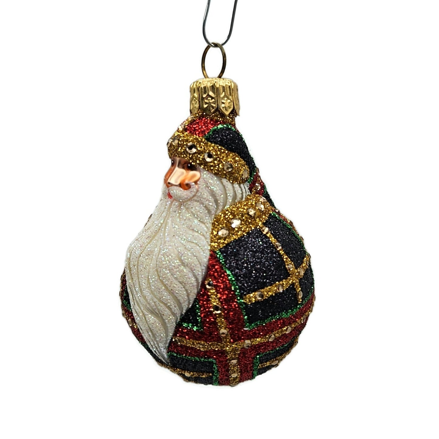 Patricia Breen Miniature Santa du Monde Plaid Black Glittered Christmas Ornament