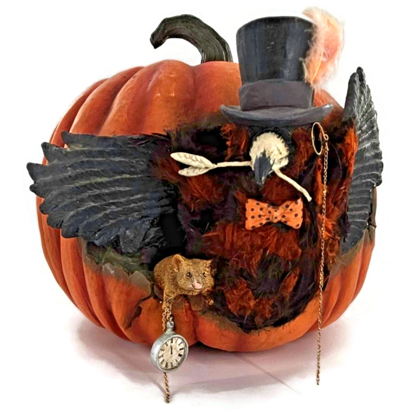 Bethany Lowe Cawing Pumpkin Halloween Raven Crow Top Hat Mouse Paper Mache Decor