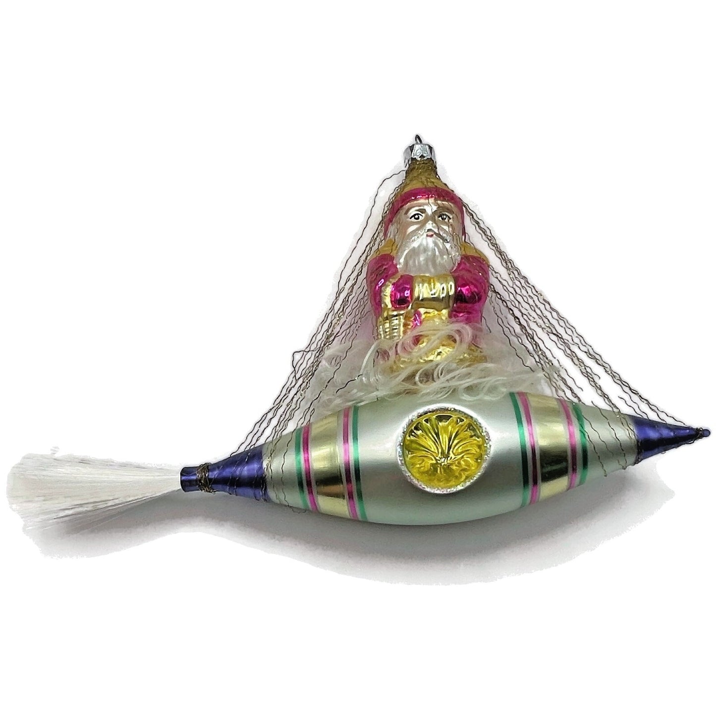 Christopher Radko Pink Santa In Space Blue Silver Rocket Christmas Tree Ornament