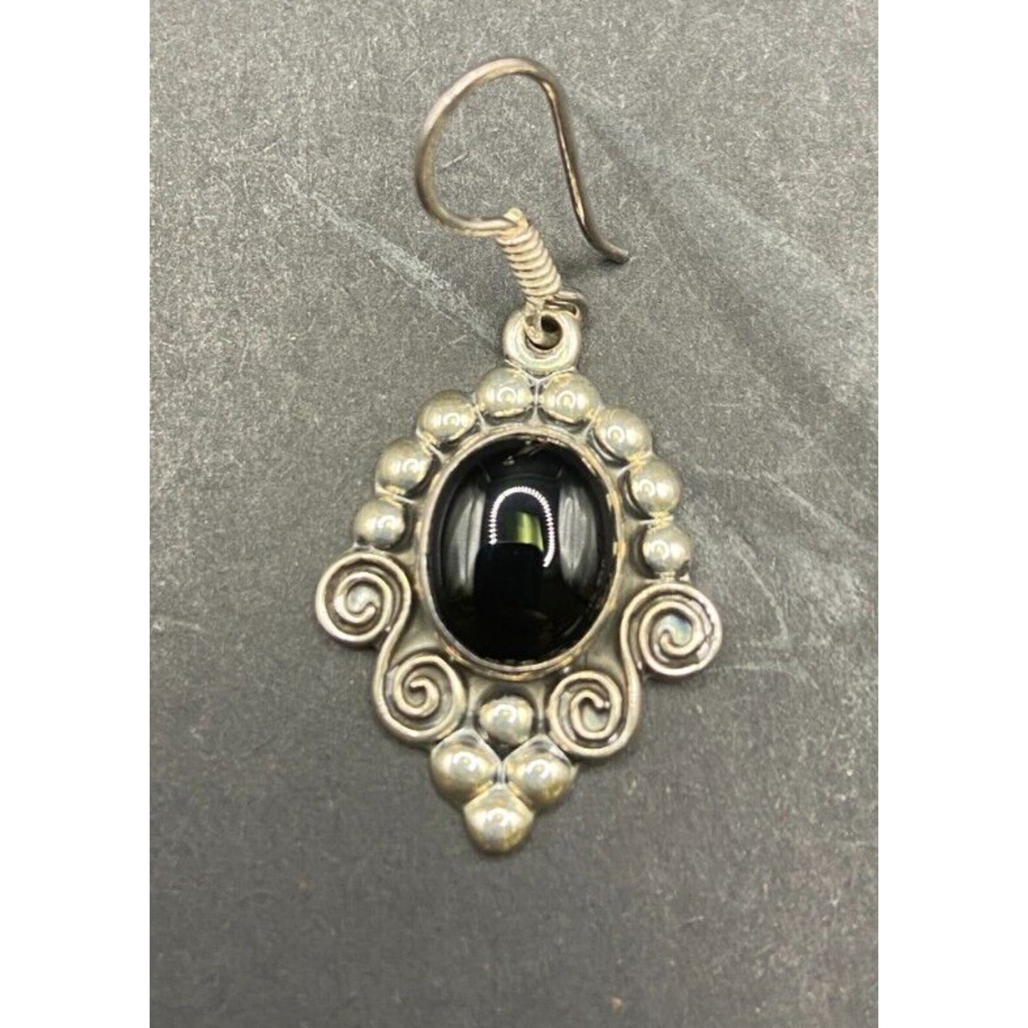 Black Onyx Oval Gemstone Hook Earrings 925 Sterling Silver Filigree MWS Mexico