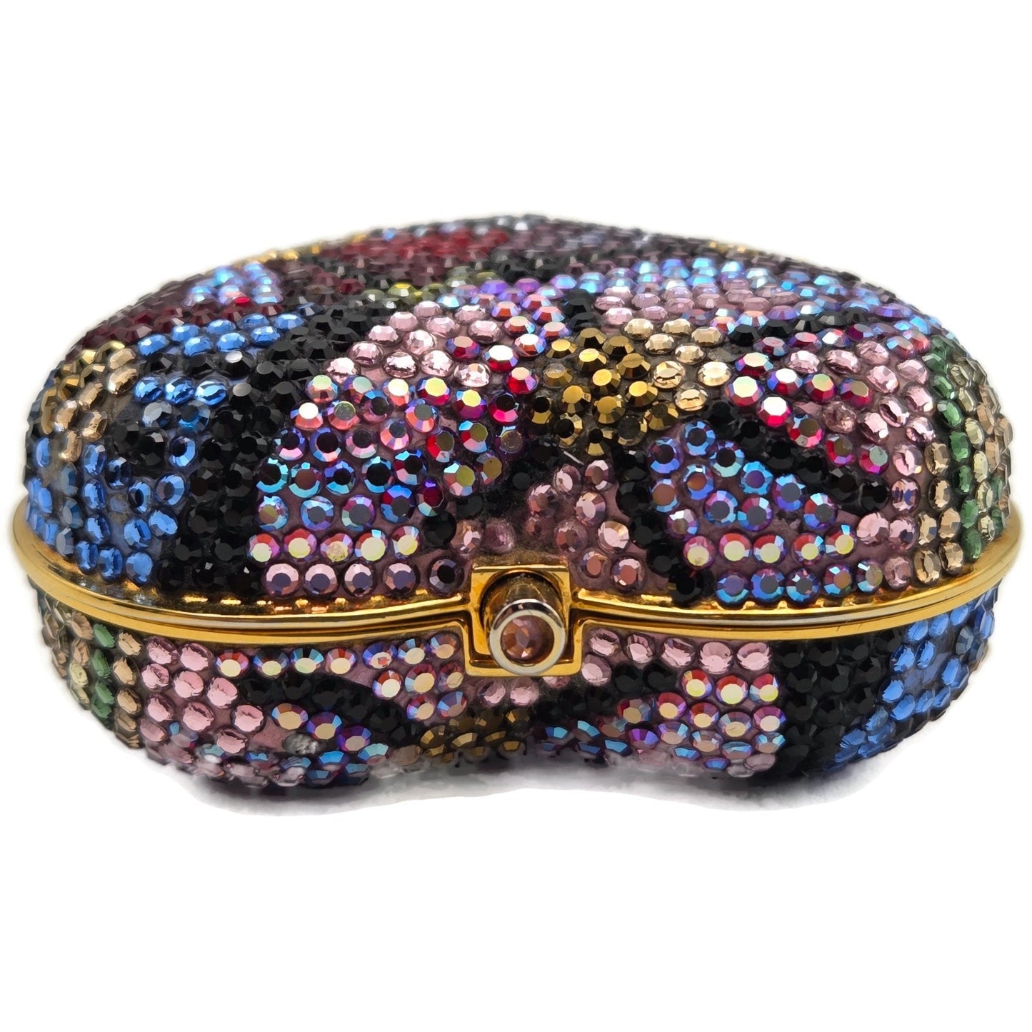 Judith Leiber Heart Crystal Pill Box Multicolor Pave Gold Tone Signed 2 inches