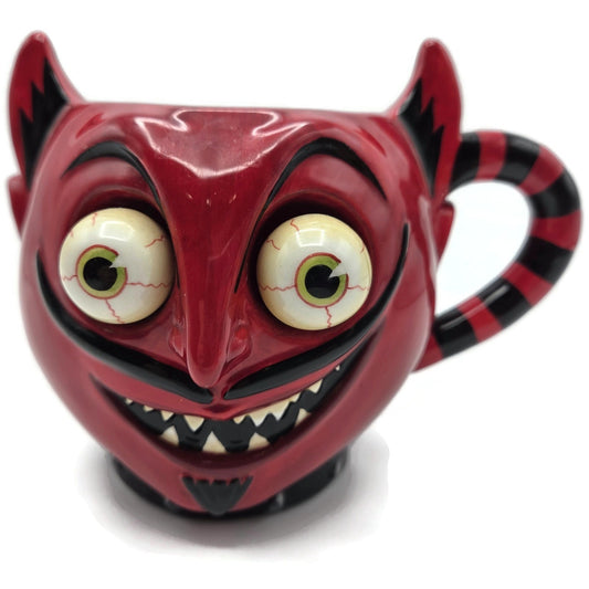 Dept 56 Googly Eye Devil Mug Coffee Cup Red Black 3D Eyeballs Halloween Retired
