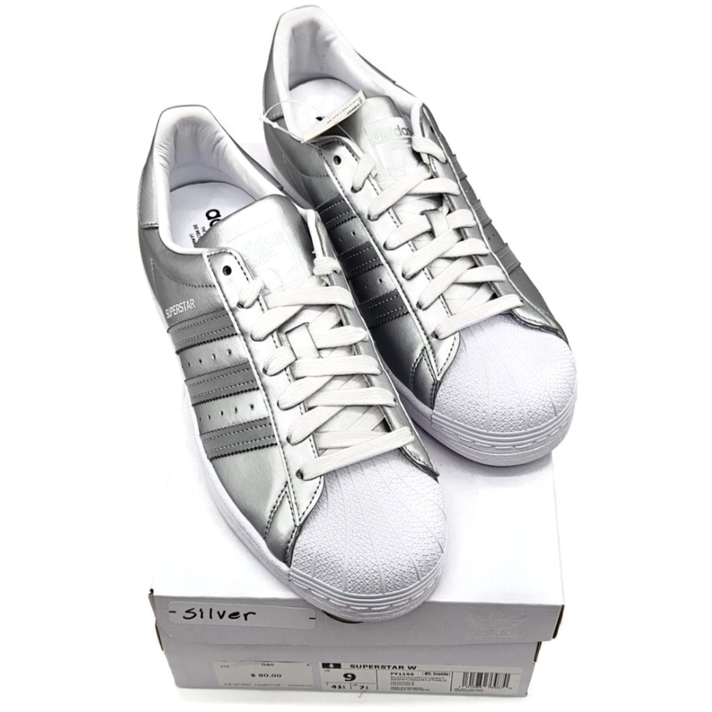 Adidas Superstar Silver Metallic Leather Shoes Ladies Size 9 Shell Toe FY1155