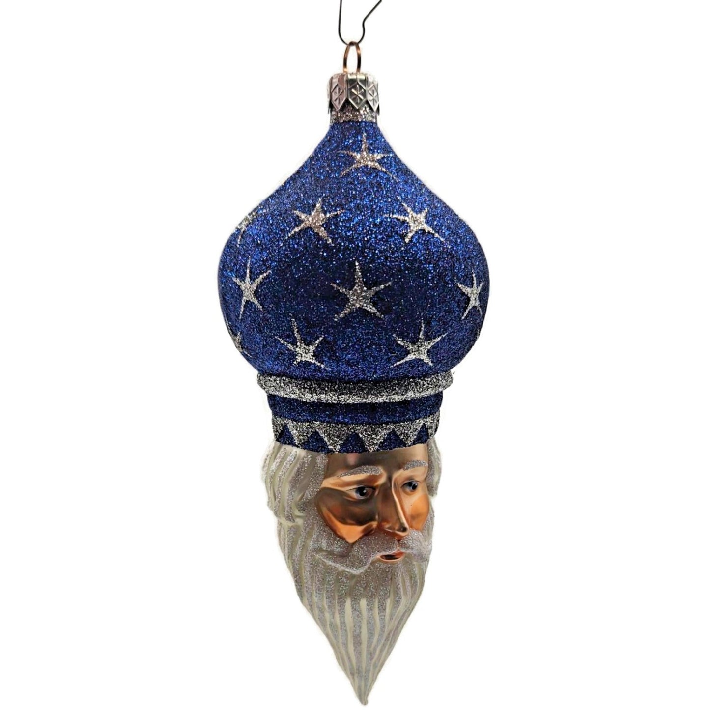 Patricia Breen Nuit Noel Blue Silver Stars Santa Head Christmas Tree Ornament
