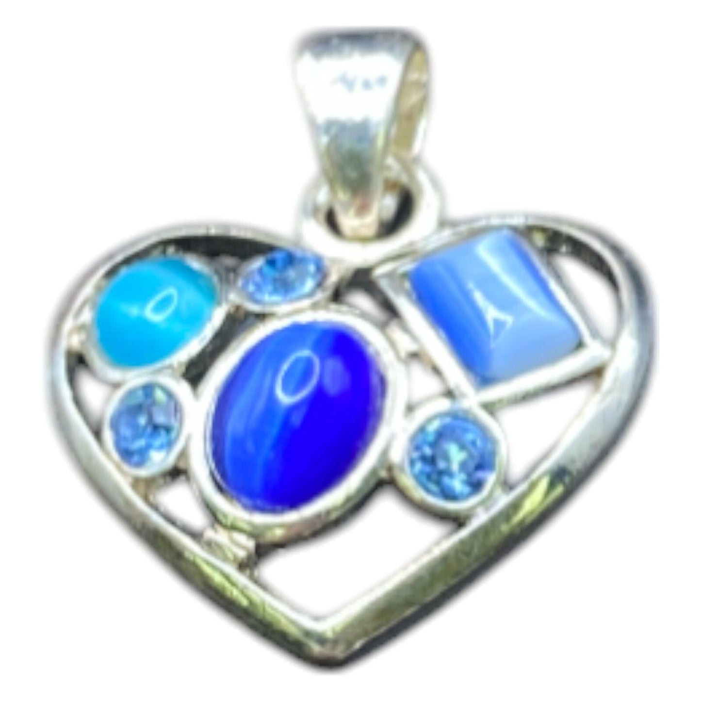 Heart Shaped Pendant Lapis Lazuli Blue Mixed Gemstones Silver Tone Metal