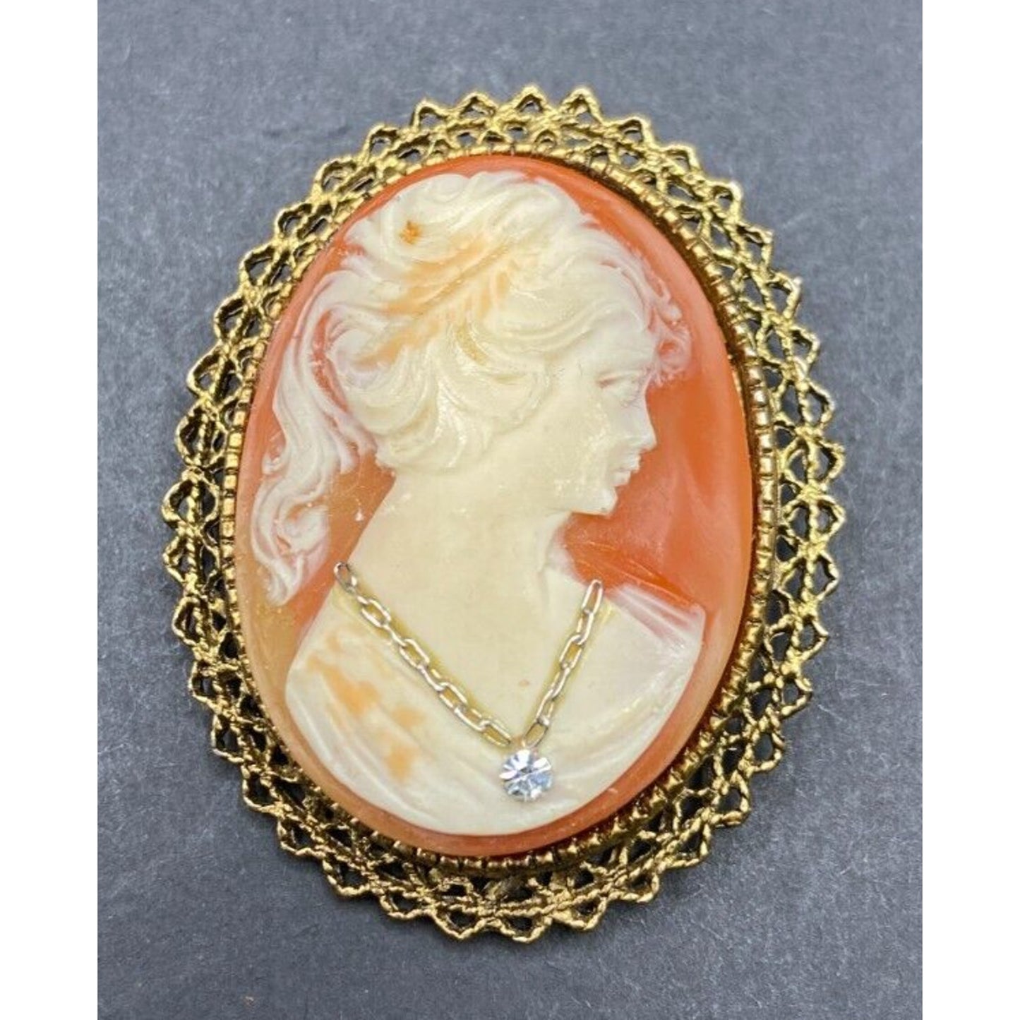 Vintage Cameo Brooch Lady Necklace Mid Century Oval Gold Tone Metal Filigree
