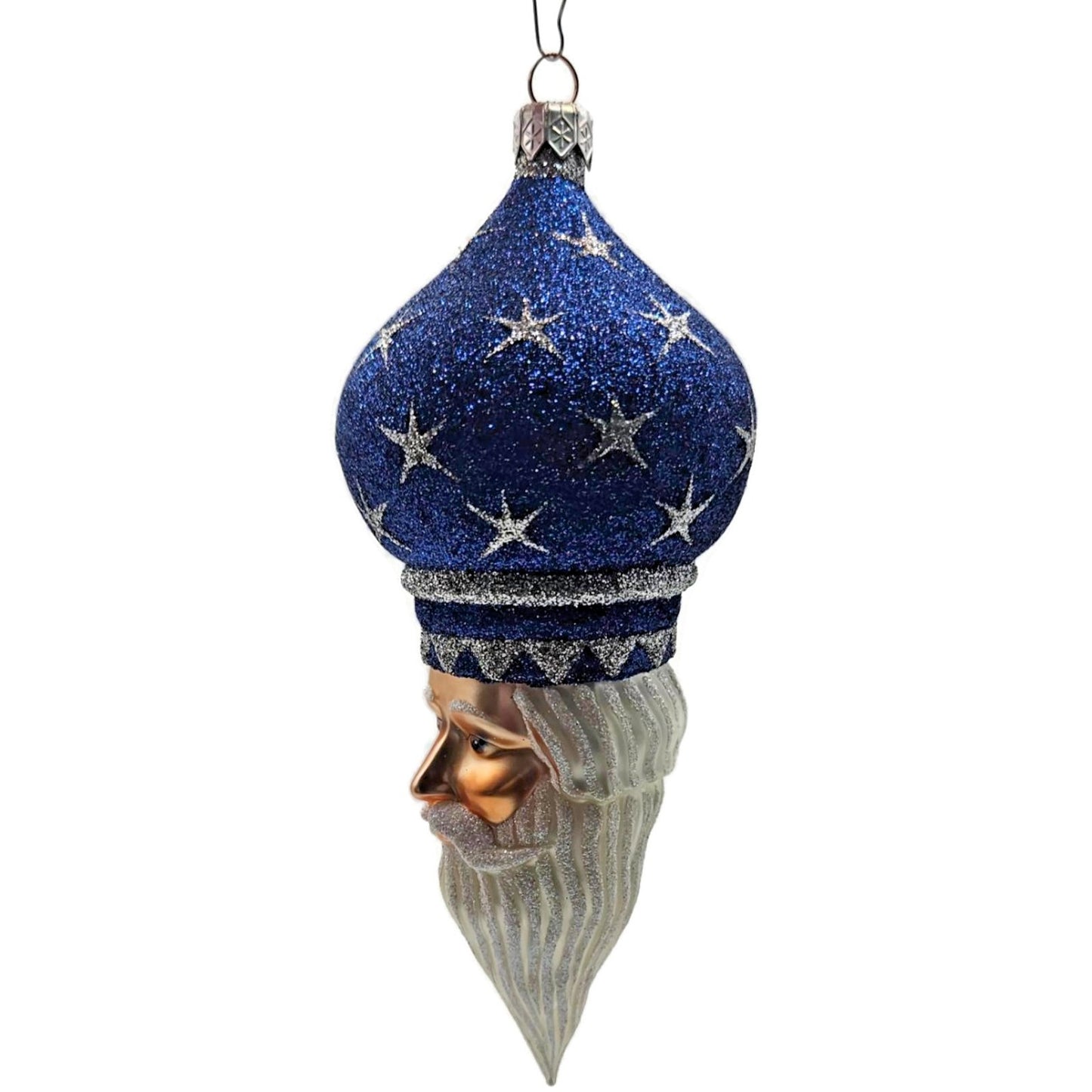 Patricia Breen Nuit Noel Blue Silver Stars Santa Head Christmas Tree Ornament
