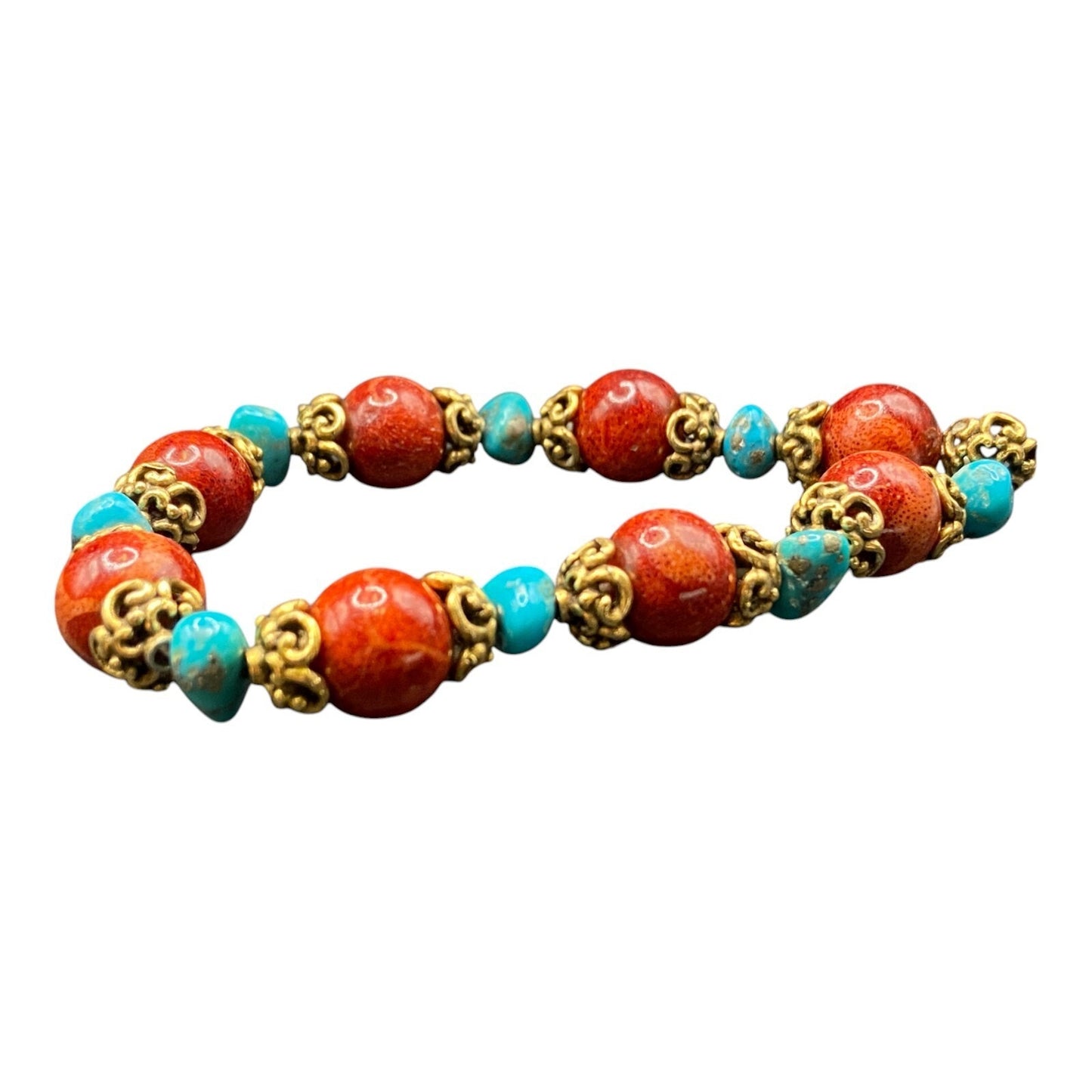3 Pc Set Sponge Coral Turquoise Beaded Necklace Bracelets Gold Tone Metal