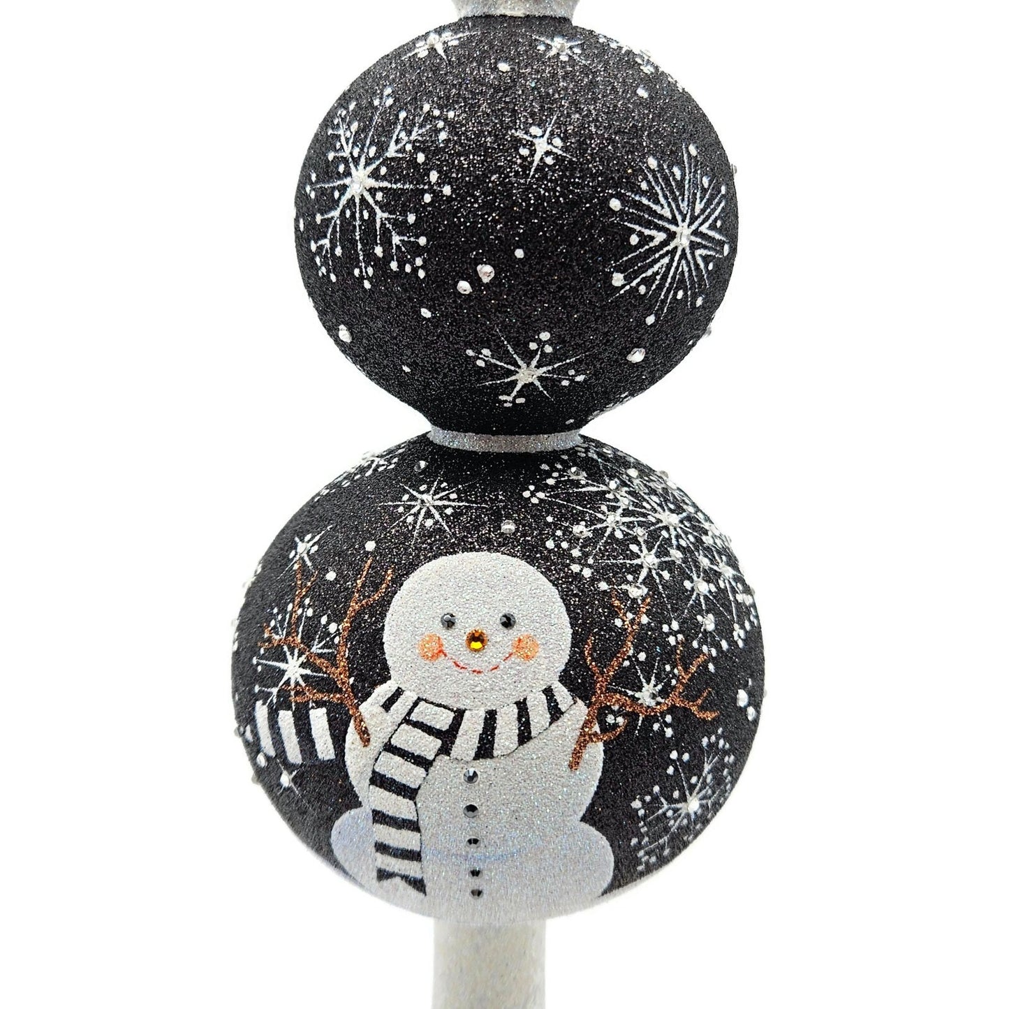 Patricia Breen Snowman Finial Black Glittered Snow Christmas Holiday Tree Topper