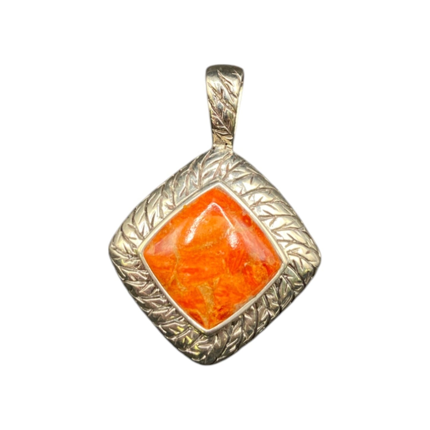 Natural Spiny Oyster Pendant Orange Polished Shell Sterling Silver Diamond Shape