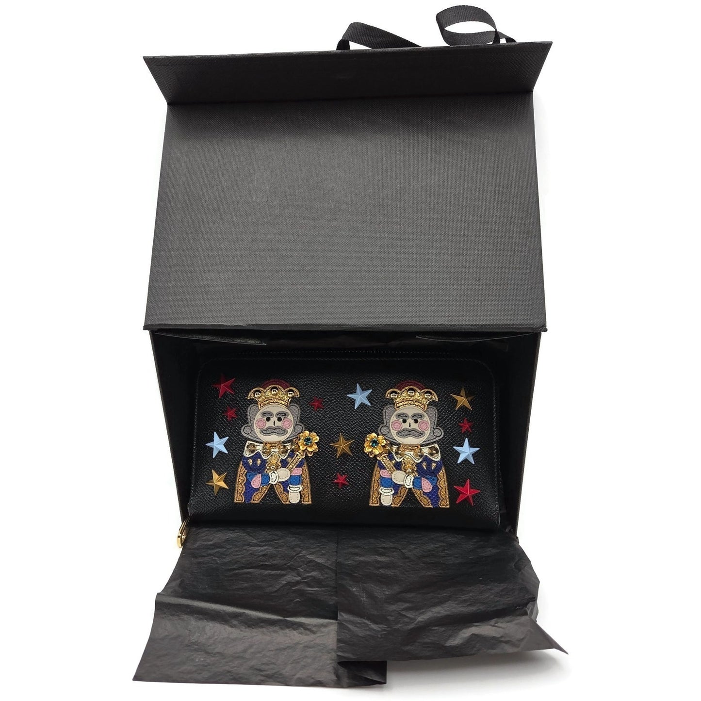 Dolce & Gabbana Black Leather Gold Zip Around Wallet Nutcracker King Stars Royal