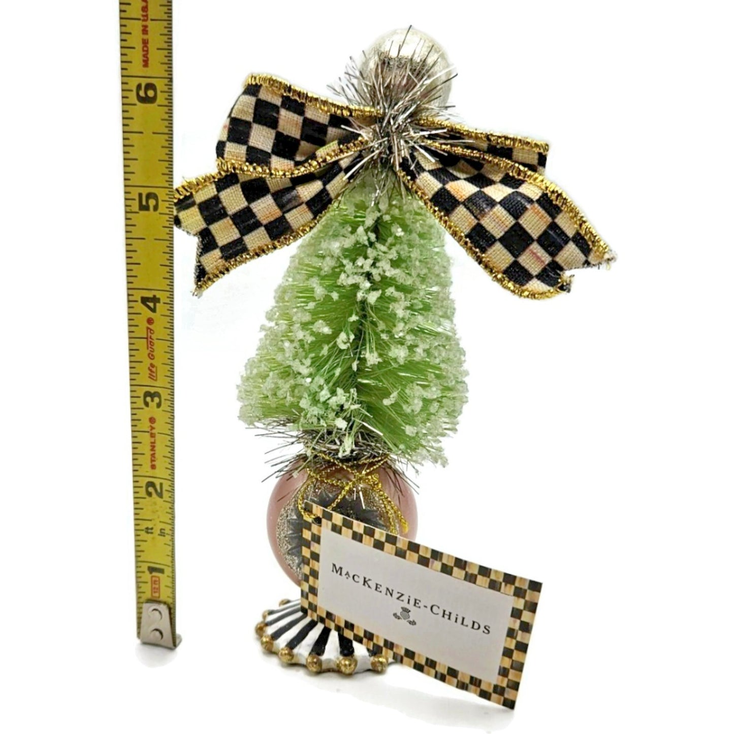 MacKenzie-Childs Home Sweet Snow Bottle Brush Tree Mini Green 6.5" Courtly Check