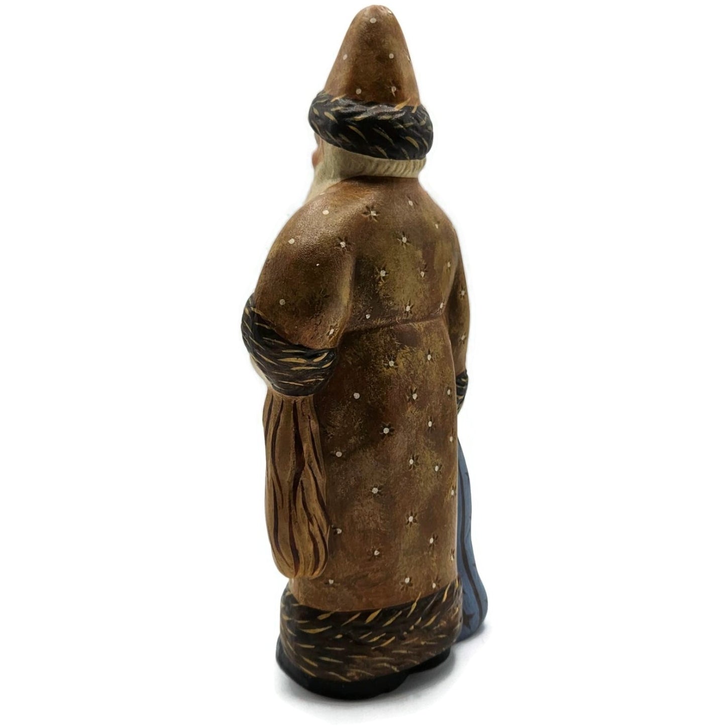 Vaillancourt Brown Father Christmas with Blue Sack Folk Art Chalkware Figurine