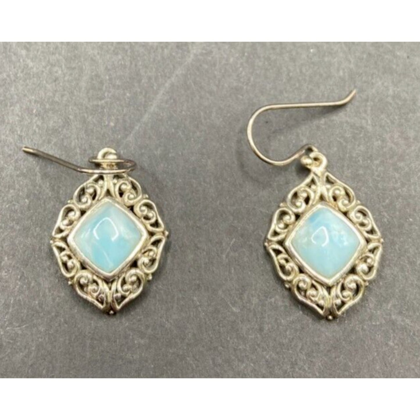 Larimar Fish Hook Earrings Cushion Cut Gemstone 925 Sterling Silver NK Thailand