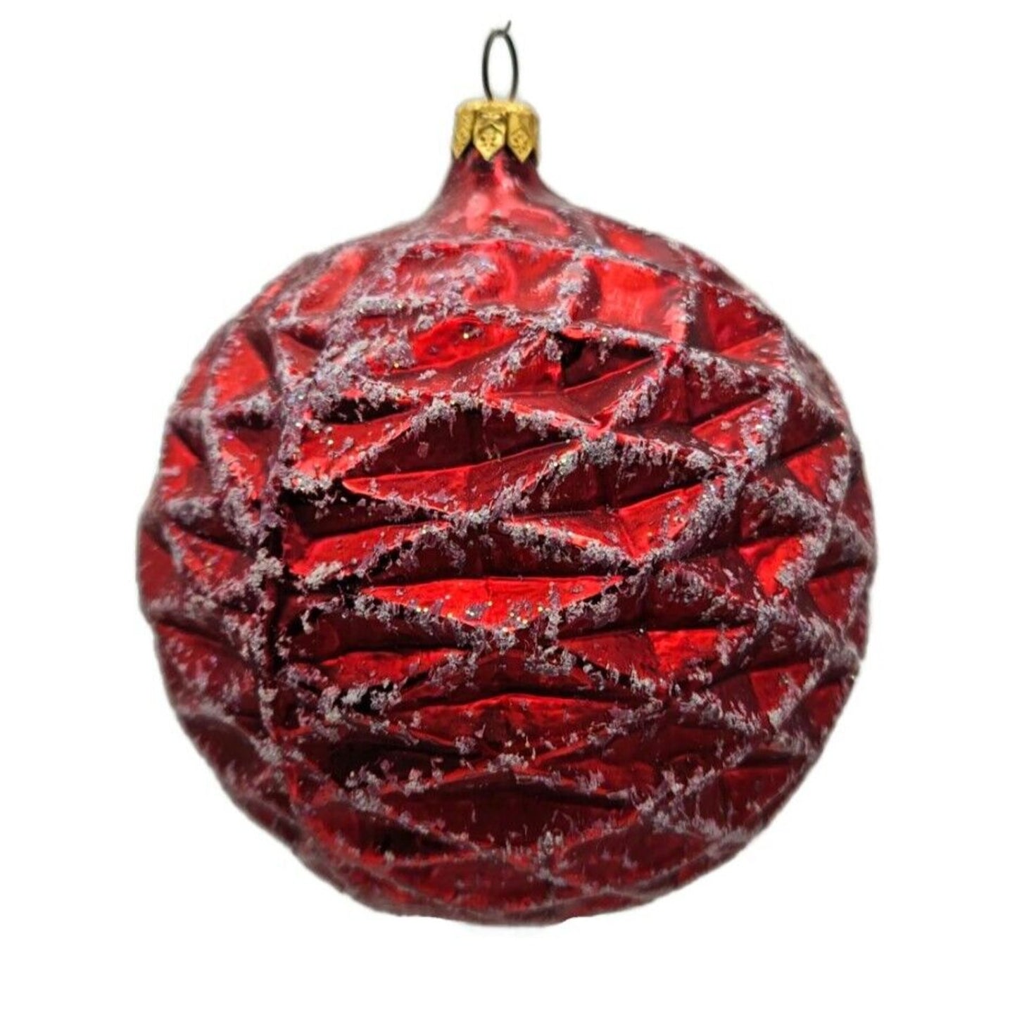 Christopher Radko Waffle Ball Red Glittered Christmas Holiday Ornament 96-133-0