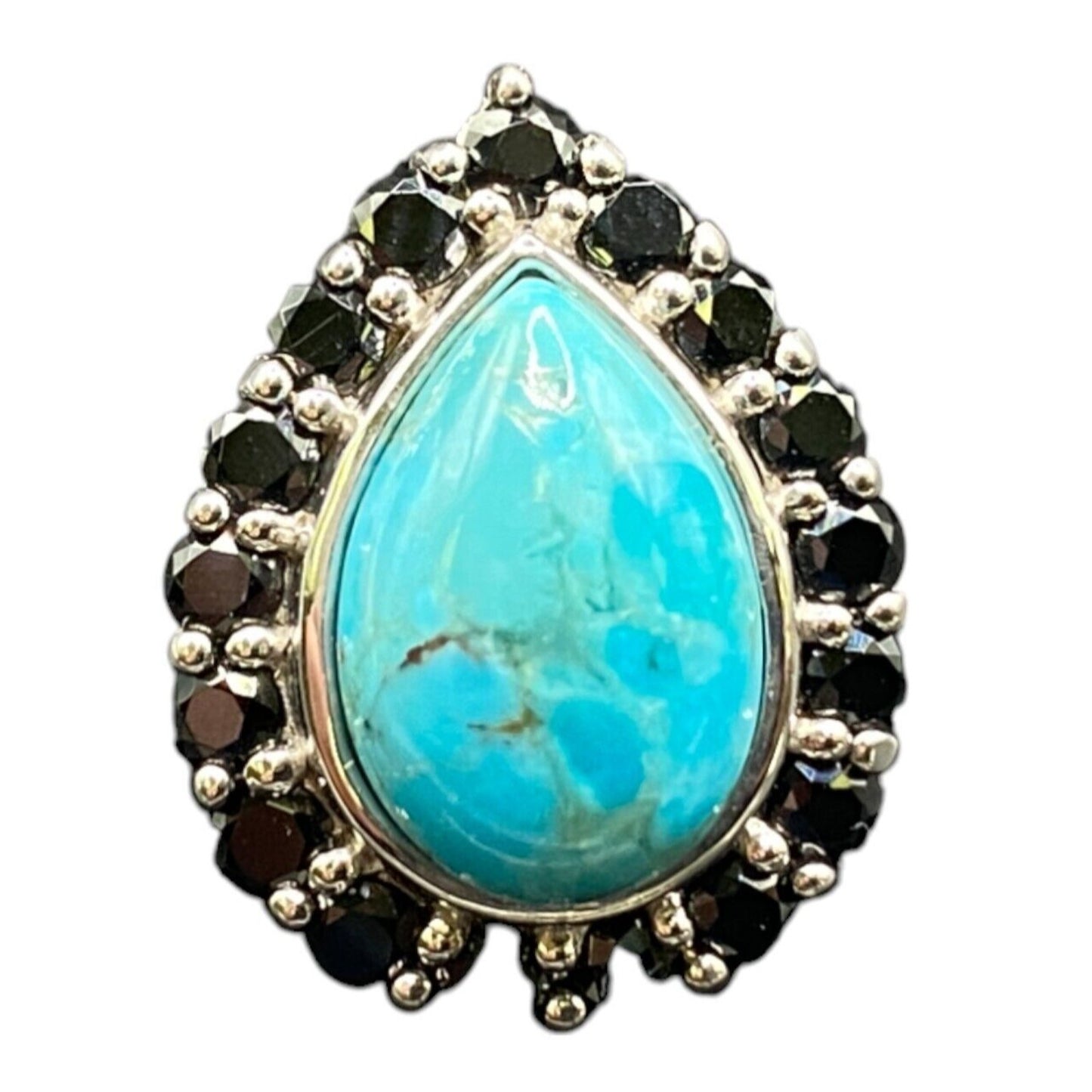 Turquoise Ring Teardrop Gemstone Black Rhinestone 925 Sterling Silver Size 7.5