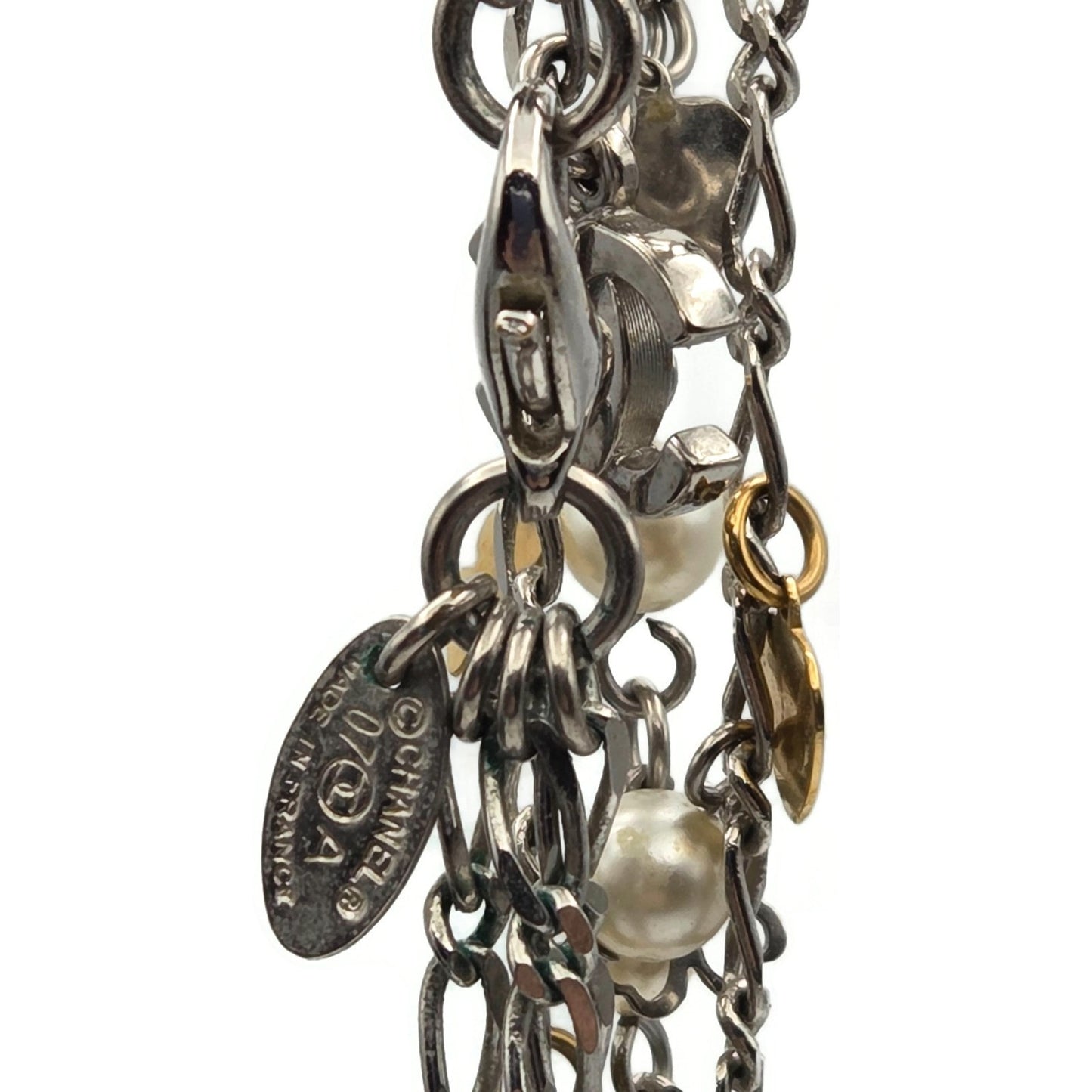 CoCo Chanel Three Strand Chain Hearts Clover Faux Pearl CC Logo Charm Necklace