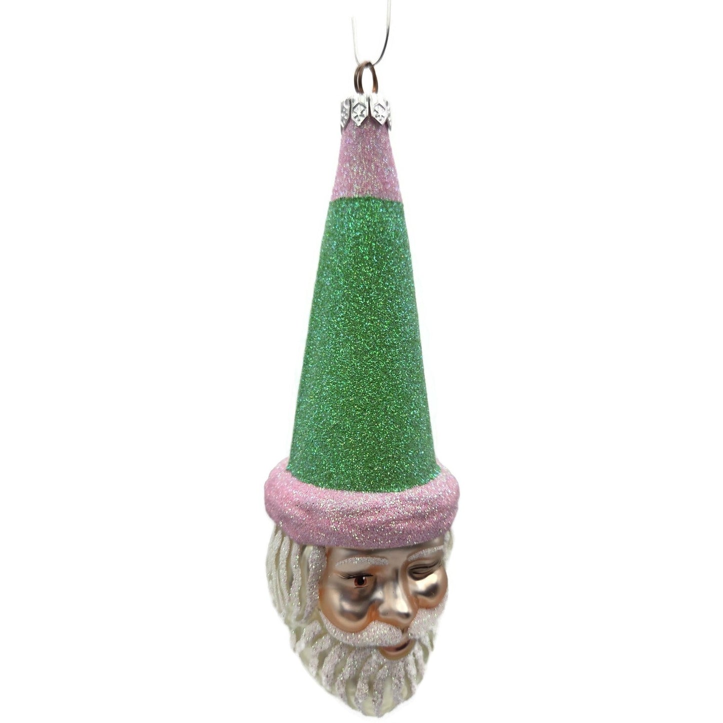 Patricia Breen Wink of His Eye Pink Green Santa Claus Head Christmas Ornament